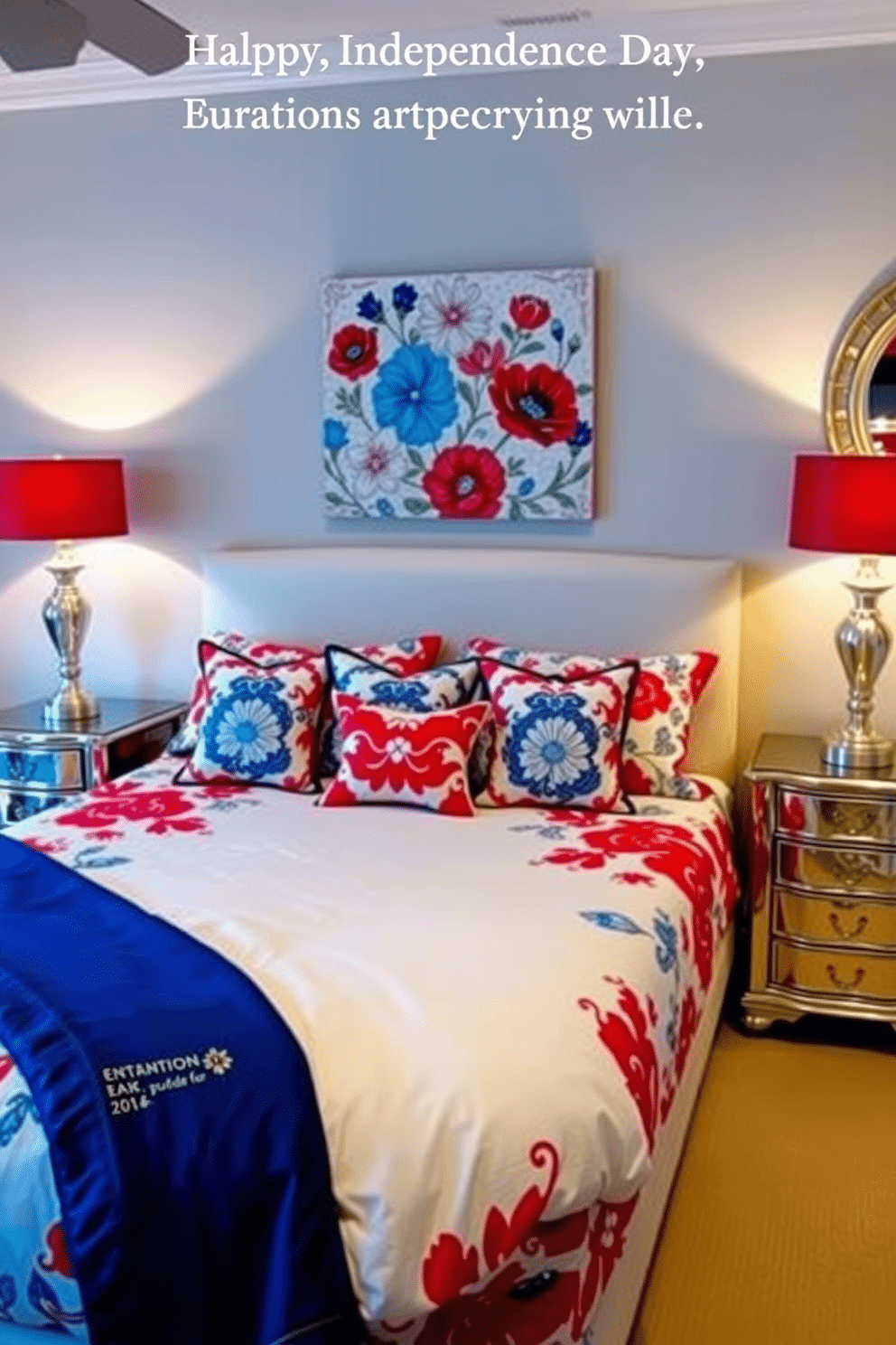 A vibrant bedroom setting celebrating Independence Day. The room features a large bed adorned with red and blue floral-patterned bedding, complemented by matching throw pillows. On either side of the bed, there are elegant nightstands with decorative lamps that have red and blue shades. A wall-mounted art piece showcases a patriotic theme with floral designs, enhancing the festive atmosphere.