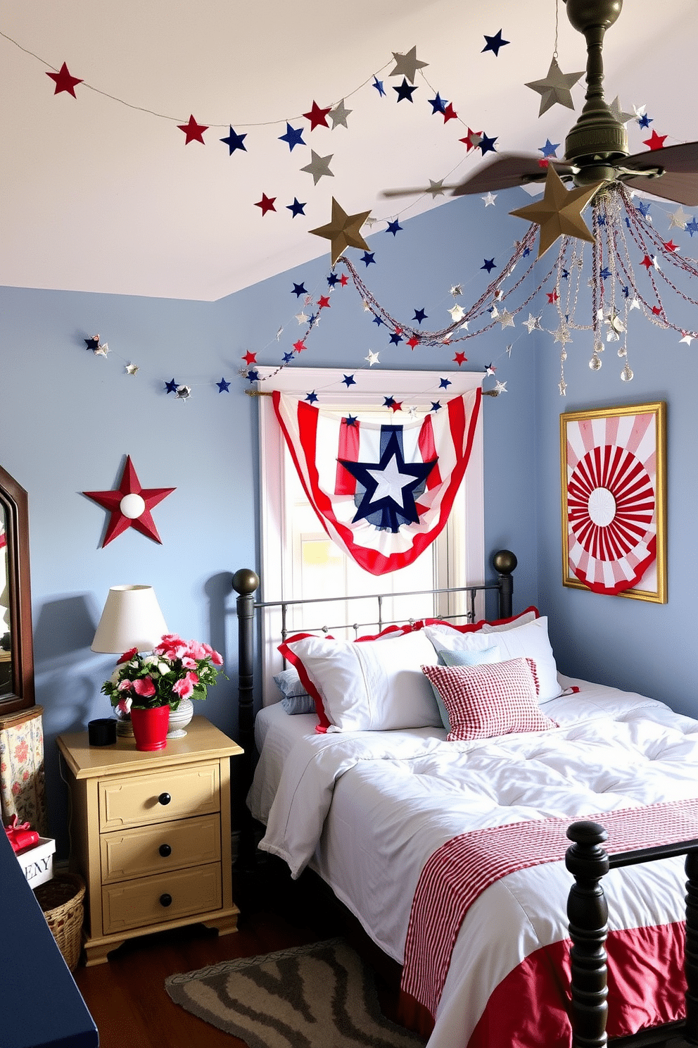 A cozy bedroom decorated for Independence Day features star garlands hanging gracefully from the ceiling. The walls are painted in a soft blue hue, and red and white accents create a festive atmosphere.