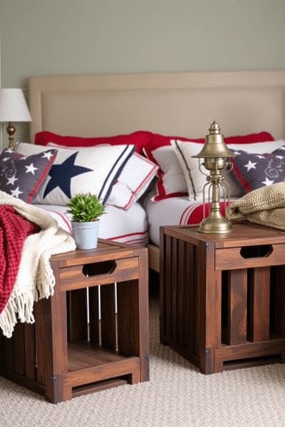 A cozy bedroom featuring rustic wooden crates as nightstands, each adorned with a small potted plant and a vintage lamp. The bed is dressed in red, white, and blue linens, complemented by star-patterned throw pillows and a soft, woven blanket.