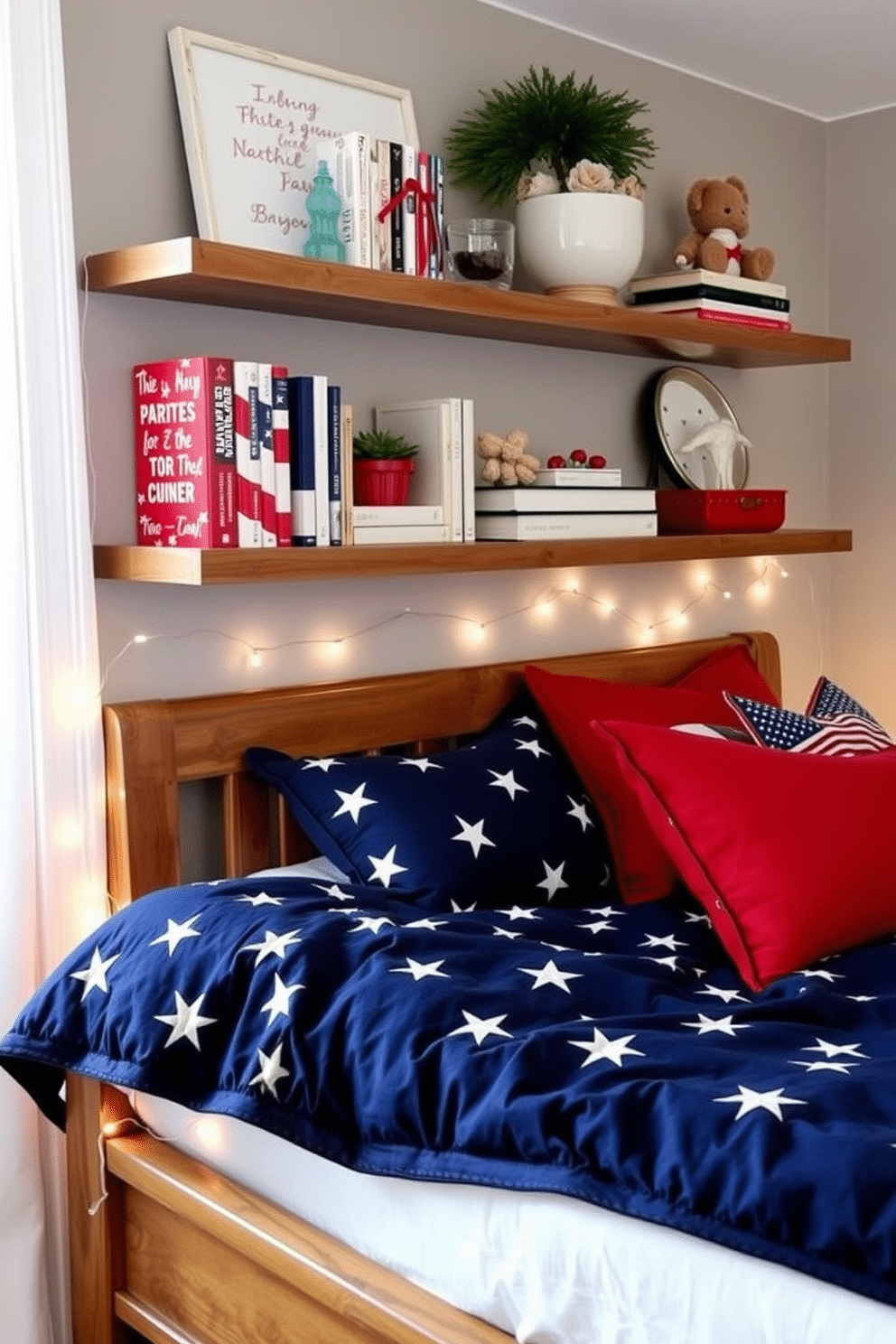 Patriotic themed bookends are displayed on sleek wooden shelves, featuring vibrant red, white, and blue designs that capture the spirit of Independence Day. The shelves are adorned with a mix of classic novels and decorative items, creating a festive yet sophisticated look. The bedroom is decorated with subtle nods to Independence Day, including a navy blue quilt adorned with white stars and red accent pillows. A rustic wooden bed frame complements the overall theme, while delicate string lights add a warm glow to the space.