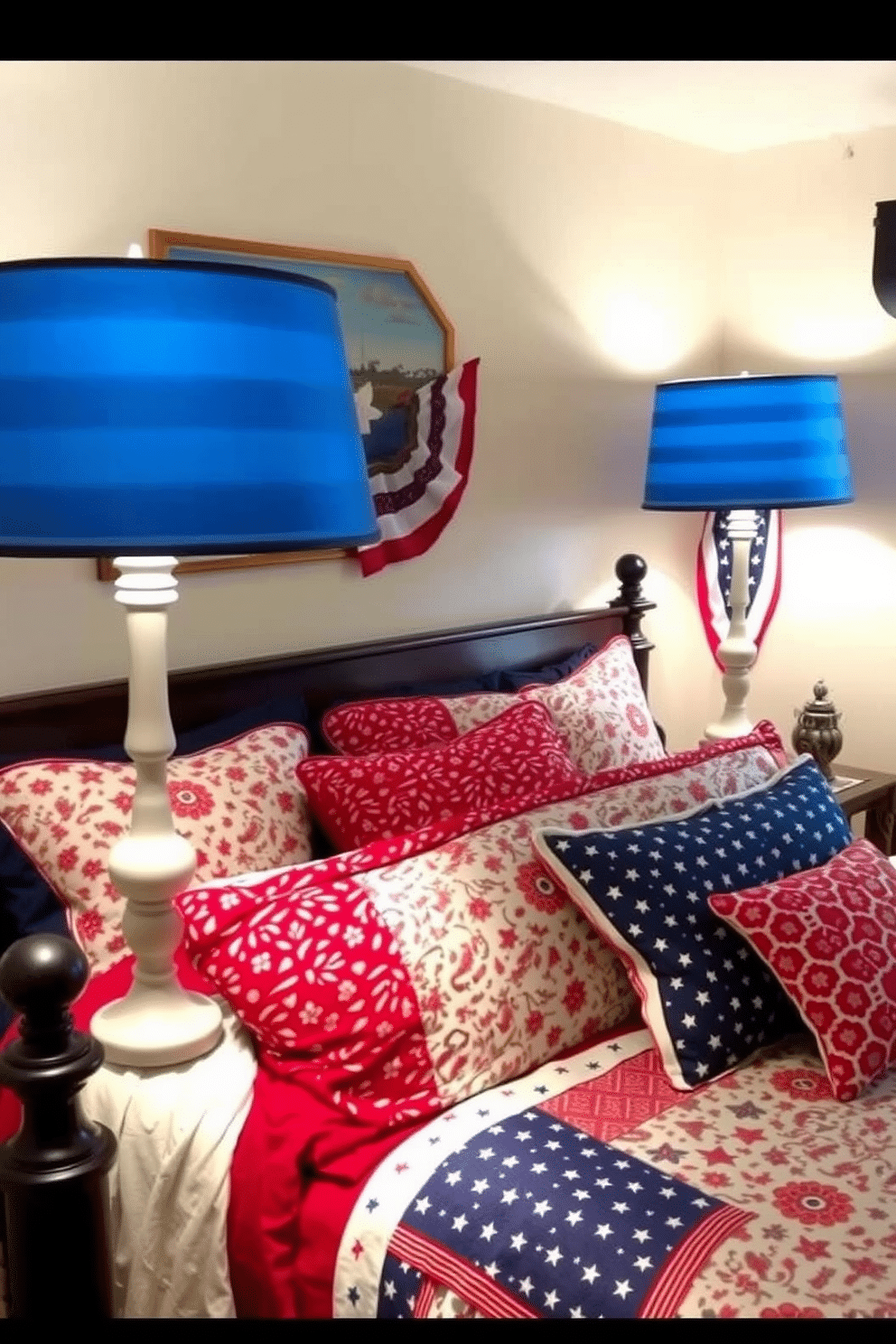 A cozy bedroom decorated for Independence Day features blue and white striped lampshades that add a festive touch. The bedding is a mix of red, white, and blue patterns, creating a patriotic atmosphere that is both inviting and stylish.