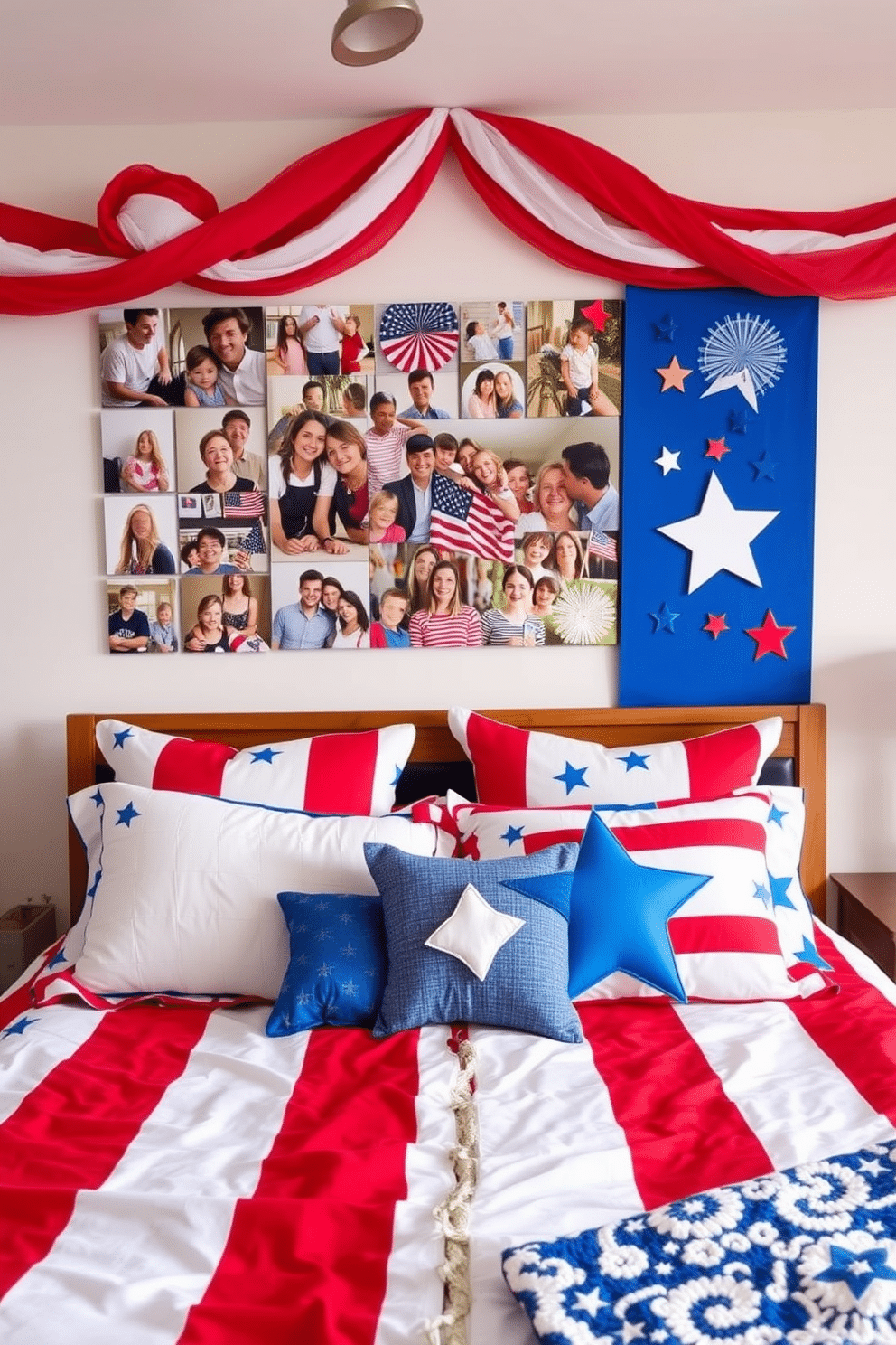 A vibrant bedroom celebrating Independence Day features a red white and blue photo collage on the wall. The collage includes family photos and patriotic decorations, creating a festive atmosphere perfect for the holiday. The bedding is a mix of red and white stripes with blue accents, complementing the overall theme. Decorative pillows with stars and stripes add a playful touch to the space, enhancing the celebratory vibe.