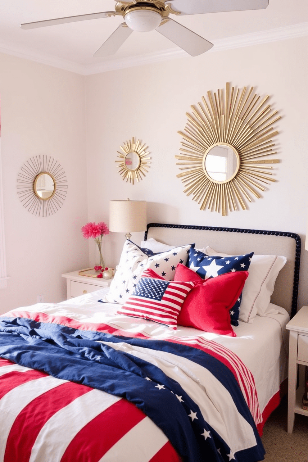 A bright and cheerful bedroom featuring starburst mirrors on the walls. The decor includes red, white, and blue accents to celebrate Independence Day, with a cozy bed adorned in festive bedding and throw pillows.