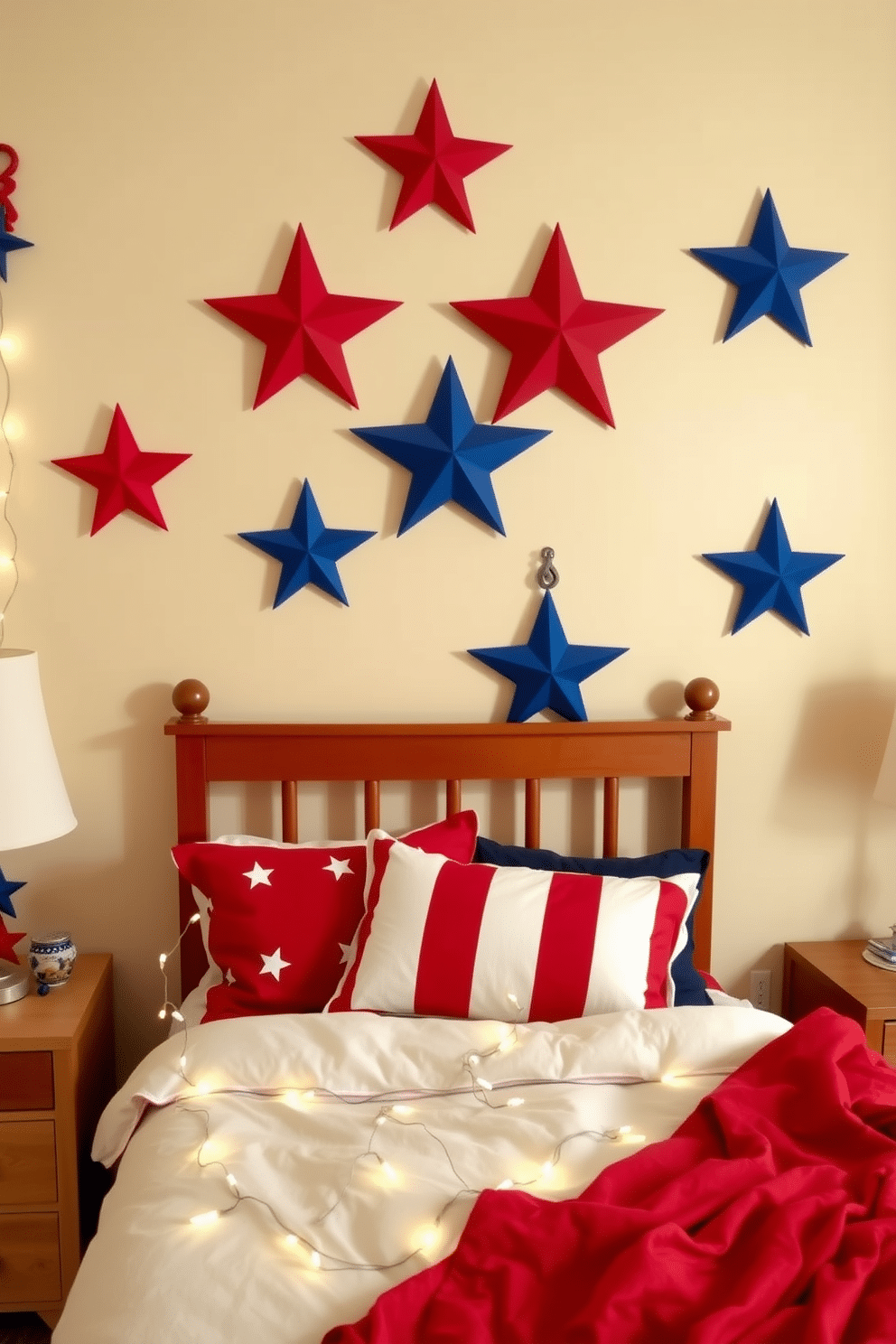 A whimsical bedroom setting featuring star-shaped wall hooks in vibrant red and blue. The hooks are adorned with small white stars, creating a festive atmosphere perfect for Independence Day celebrations. The walls are painted in a soft cream color, providing a warm backdrop for the playful decor. A cozy bed dressed in red, white, and blue linens adds to the patriotic theme, while a string of fairy lights enhances the whimsical feel.