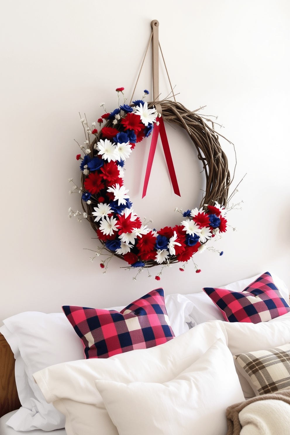 A rustic wreath adorned with red white and blue flowers hangs prominently on the wall, bringing a festive spirit to the bedroom. The wreath is complemented by soft white bedding and plaid throw pillows that evoke a cozy, patriotic atmosphere.