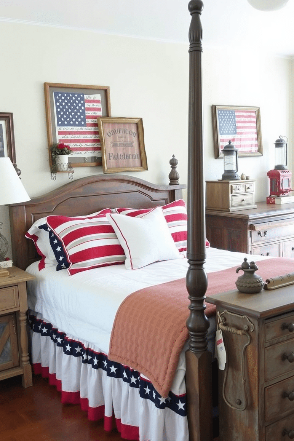 Create a cozy bedroom setting inspired by Americana themes. The bed features a patriotic bed skirt adorned with stars and stripes, complemented by red, white, and blue throw pillows. Incorporate rustic wooden elements, such as a vintage nightstand and a weathered dresser. Add decorative touches like framed American flags and classic lanterns to enhance the Independence Day spirit.