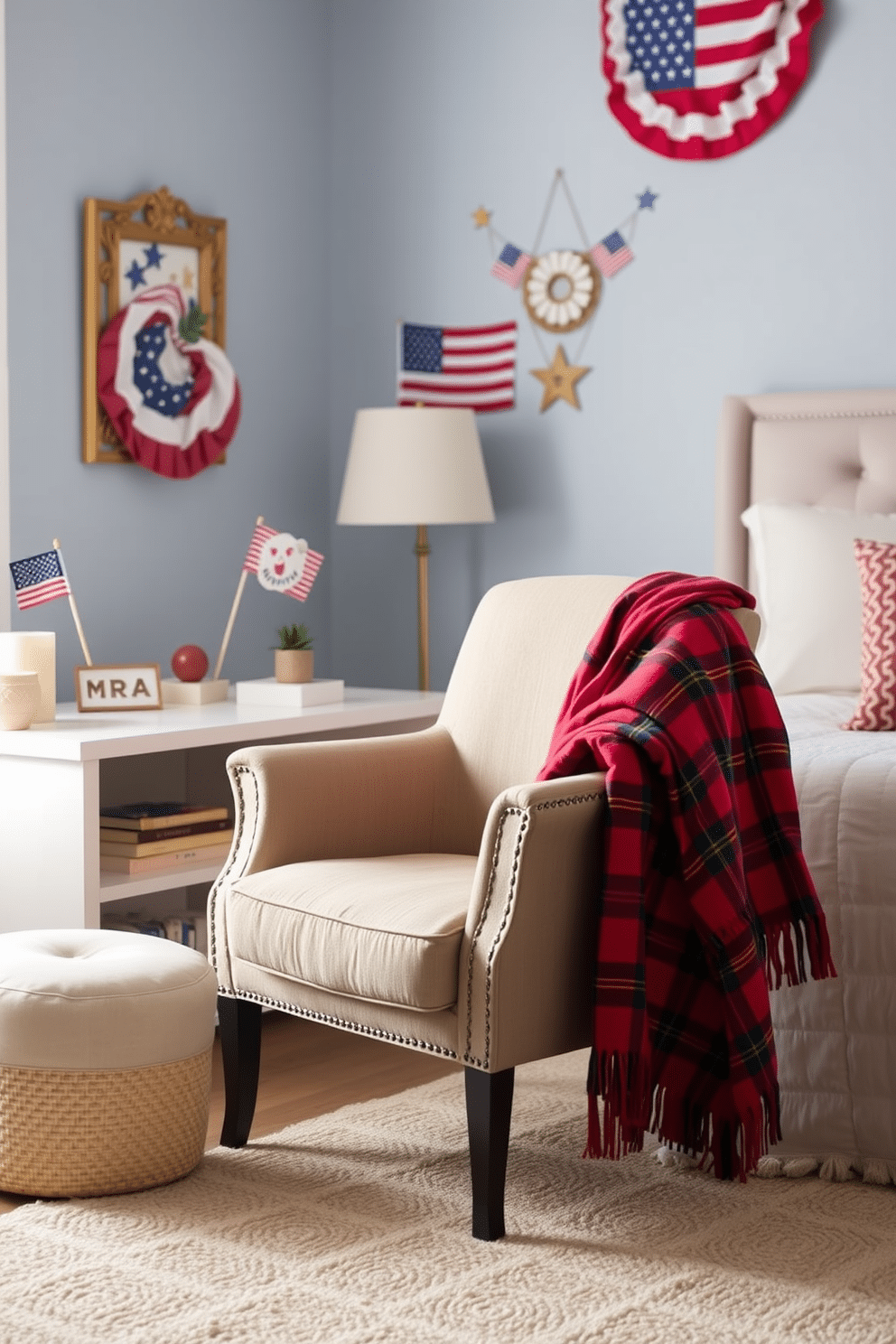 A cozy bedroom setting featuring a plush chair adorned with a red plaid throw blanket draped casually over the arm. The walls are painted in a soft blue hue, and festive Independence Day decorations, such as small flags and star-shaped accents, are tastefully arranged throughout the room.