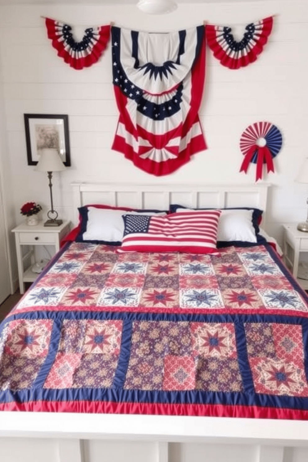 A cozy bedroom featuring a patriotic quilt spread across a neatly made bed. The walls are painted in soft white, adorned with red, white, and blue accents to celebrate Independence Day.