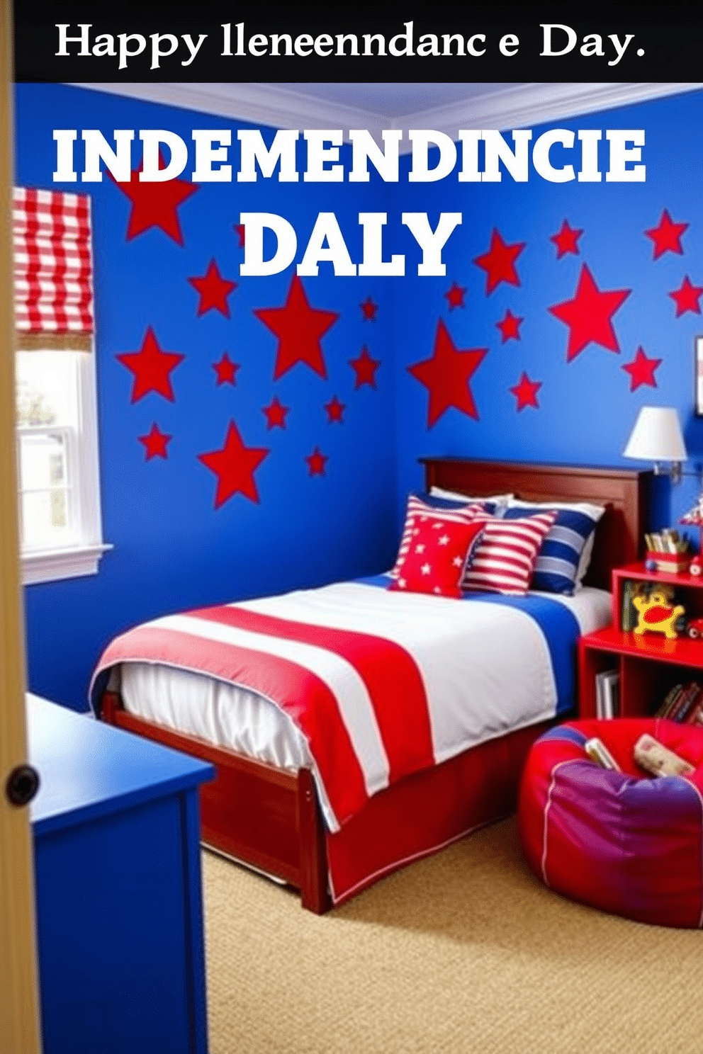 A vibrant kids bedroom designed with a patriotic theme for Independence Day. The walls are painted in a bright blue hue, adorned with red and white star decals that celebrate the holiday spirit. A cozy bed features a red and white striped duvet cover with matching pillows showcasing stars and stripes. A small reading nook is set up in the corner with a bean bag chair in red and a bookshelf filled with patriotic-themed books and toys.