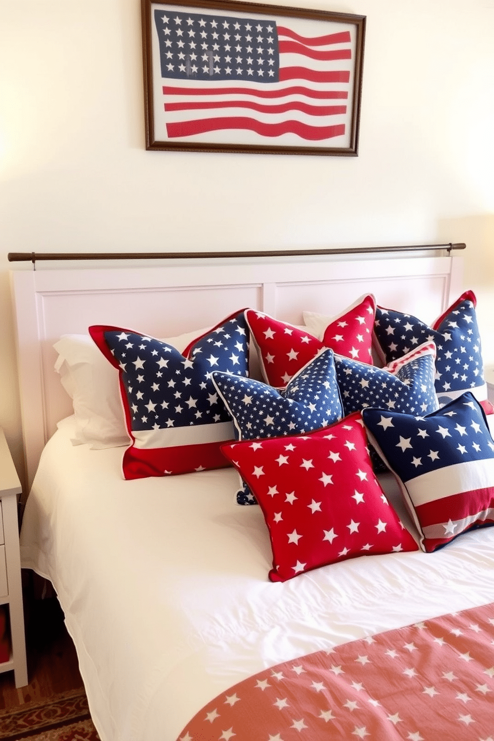 A cozy bedroom featuring a bed adorned with star patterned throw pillows in red, white, and blue. The walls are painted a soft white, and patriotic artwork hangs above the headboard, creating a festive atmosphere for Independence Day celebrations.