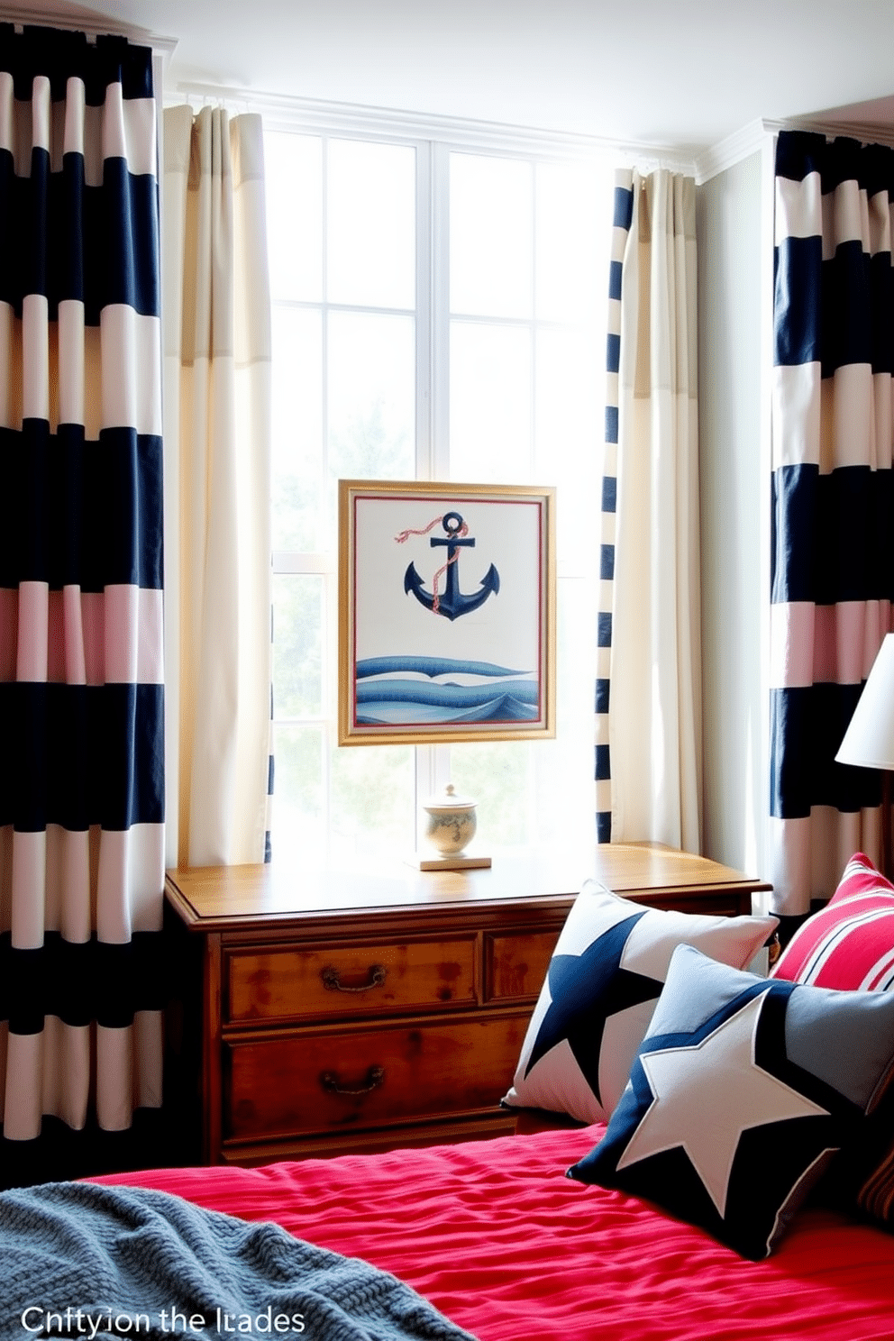 A serene bedroom featuring curtains adorned with nautical stripes in shades of navy and white. The curtains gently frame a large window, allowing natural light to illuminate the room's coastal decor. The bedding is a mix of red, white, and blue, celebrating Independence Day with star-patterned pillows and a cozy throw. A vintage wooden dresser sits against the wall, complemented by nautical-themed artwork hanging above it.