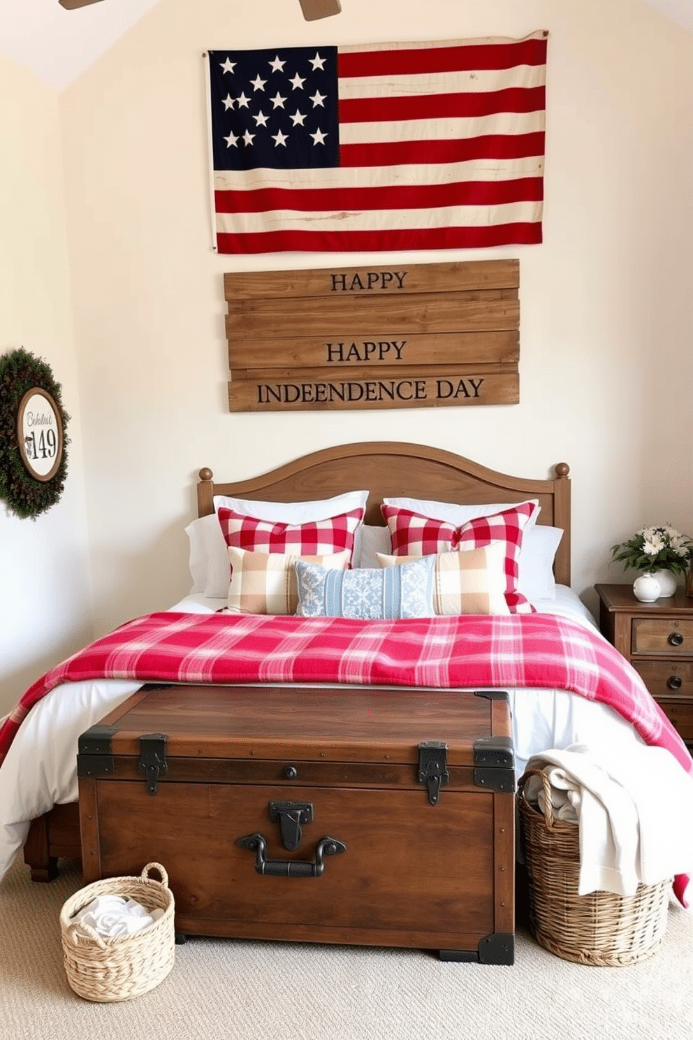 A cozy bedroom adorned with rustic wooden flag decor celebrating Independence Day. The walls are painted in a soft cream color, and a large wooden flag hangs above the bed, adding a patriotic touch. The bed is dressed in red, white, and blue linens, complemented by plaid throw pillows. A vintage trunk at the foot of the bed serves as both decor and storage, while a woven basket filled with blankets sits in the corner.