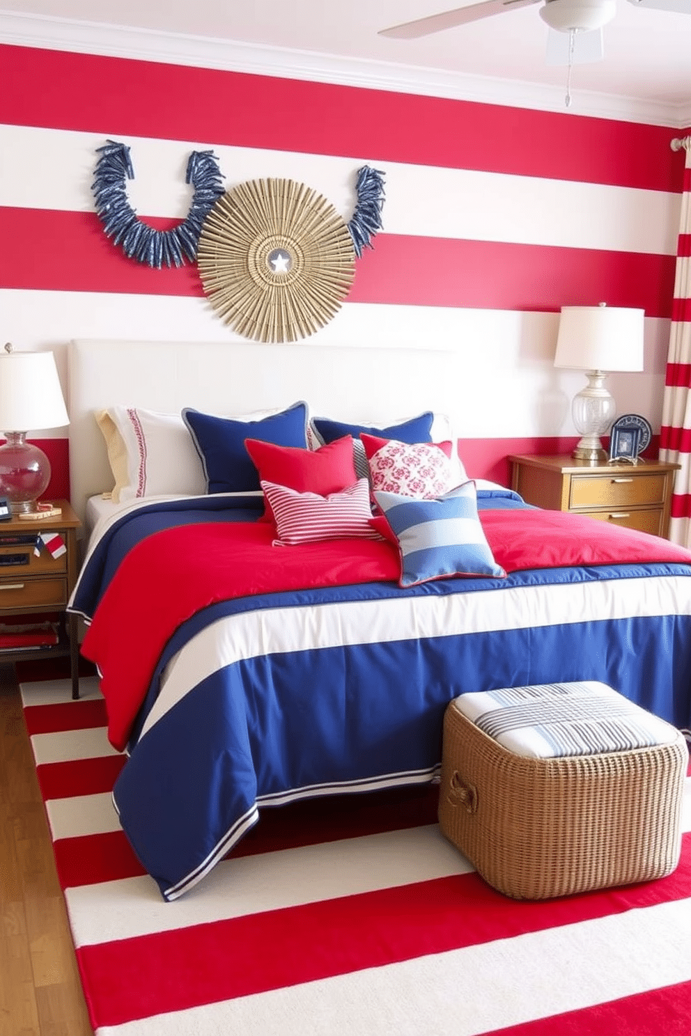 A vibrant bedroom setting featuring a red and white striped area rug that adds a festive touch. The bed is adorned with patriotic-themed bedding and decorative pillows in shades of blue, red, and white.