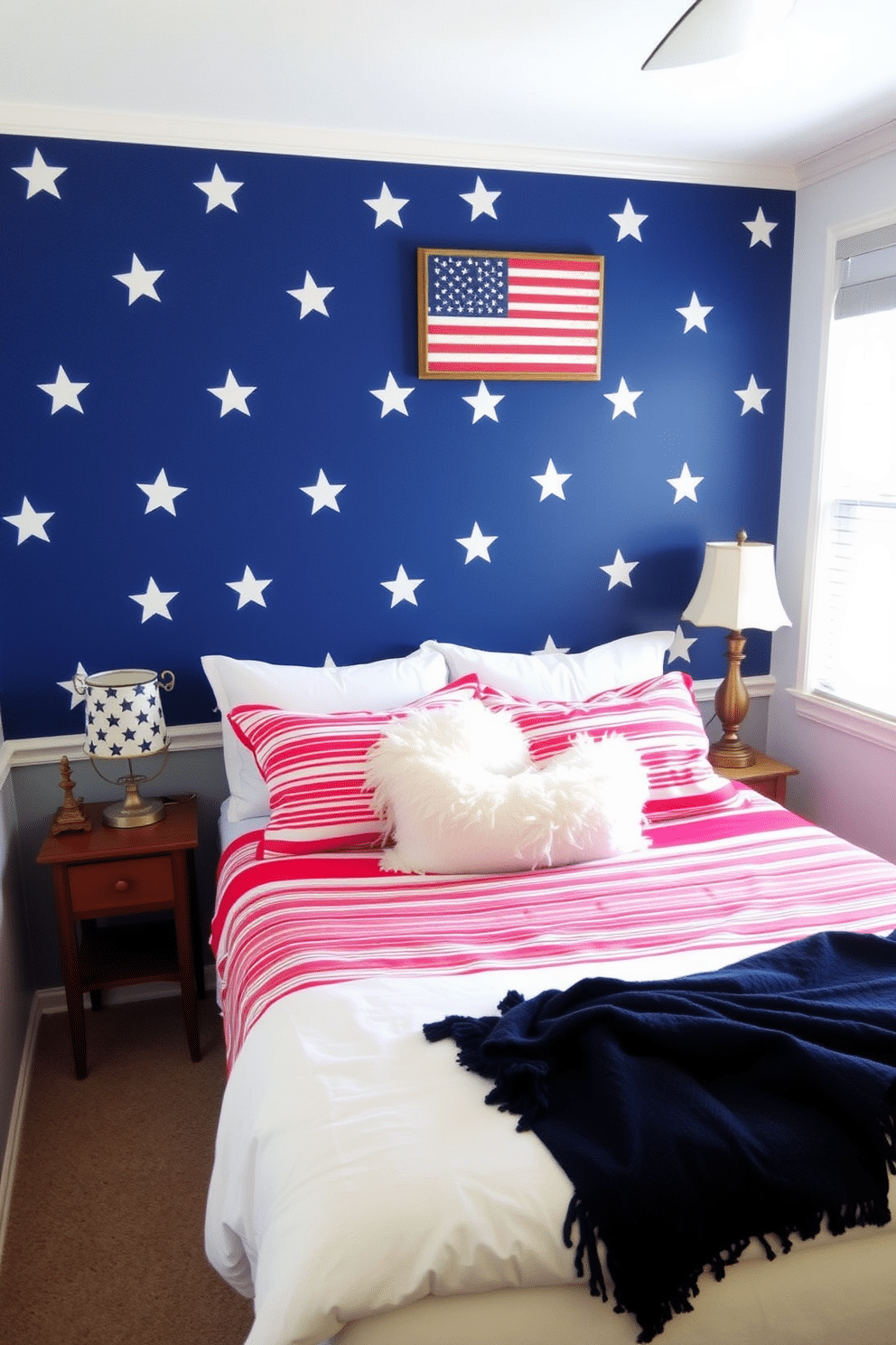 A cozy bedroom featuring a blue accent wall adorned with white stars, creating a festive and patriotic atmosphere. The bed is dressed in red and white striped linens, complemented by fluffy white pillows and a navy blue throw blanket. In the corner, a small wooden nightstand holds a vintage lamp with a star-patterned shade. A patriotic wall art piece hangs above the bed, adding to the Independence Day theme while maintaining a stylish decor.