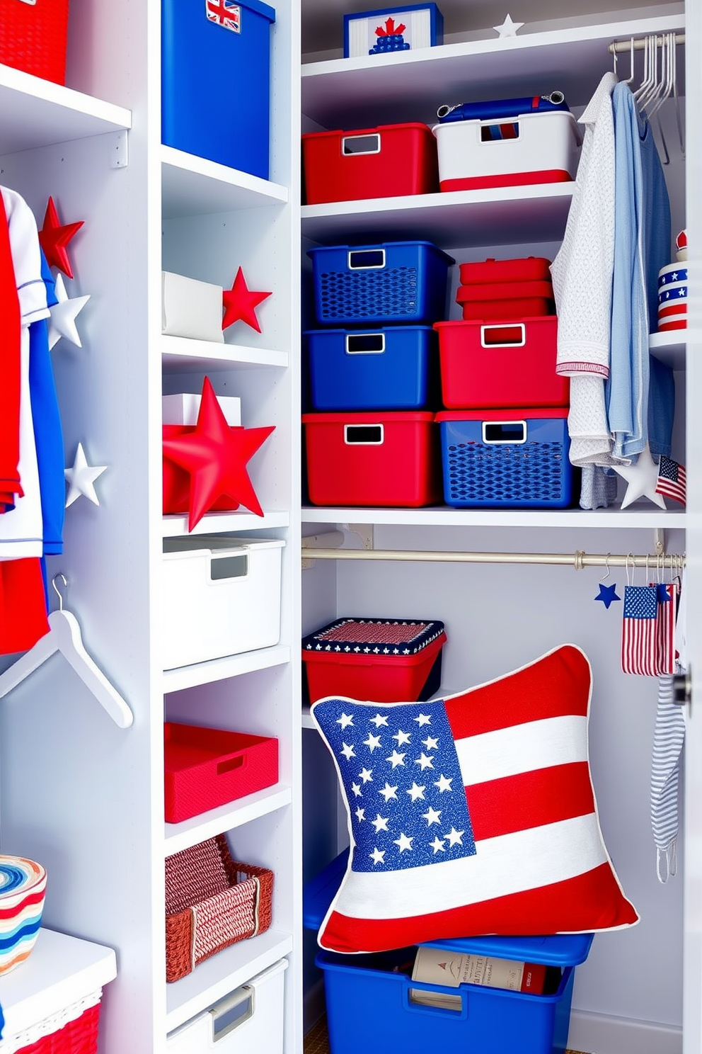 Create a vibrant closet space featuring red white and blue themed organizers. The organizers should include bins and baskets in these colors, neatly arranged to enhance the festive atmosphere. Incorporate decorative elements like stars and stripes to celebrate Independence Day. Add accents such as patriotic-themed hangers and a flag-inspired throw pillow for a cohesive look.