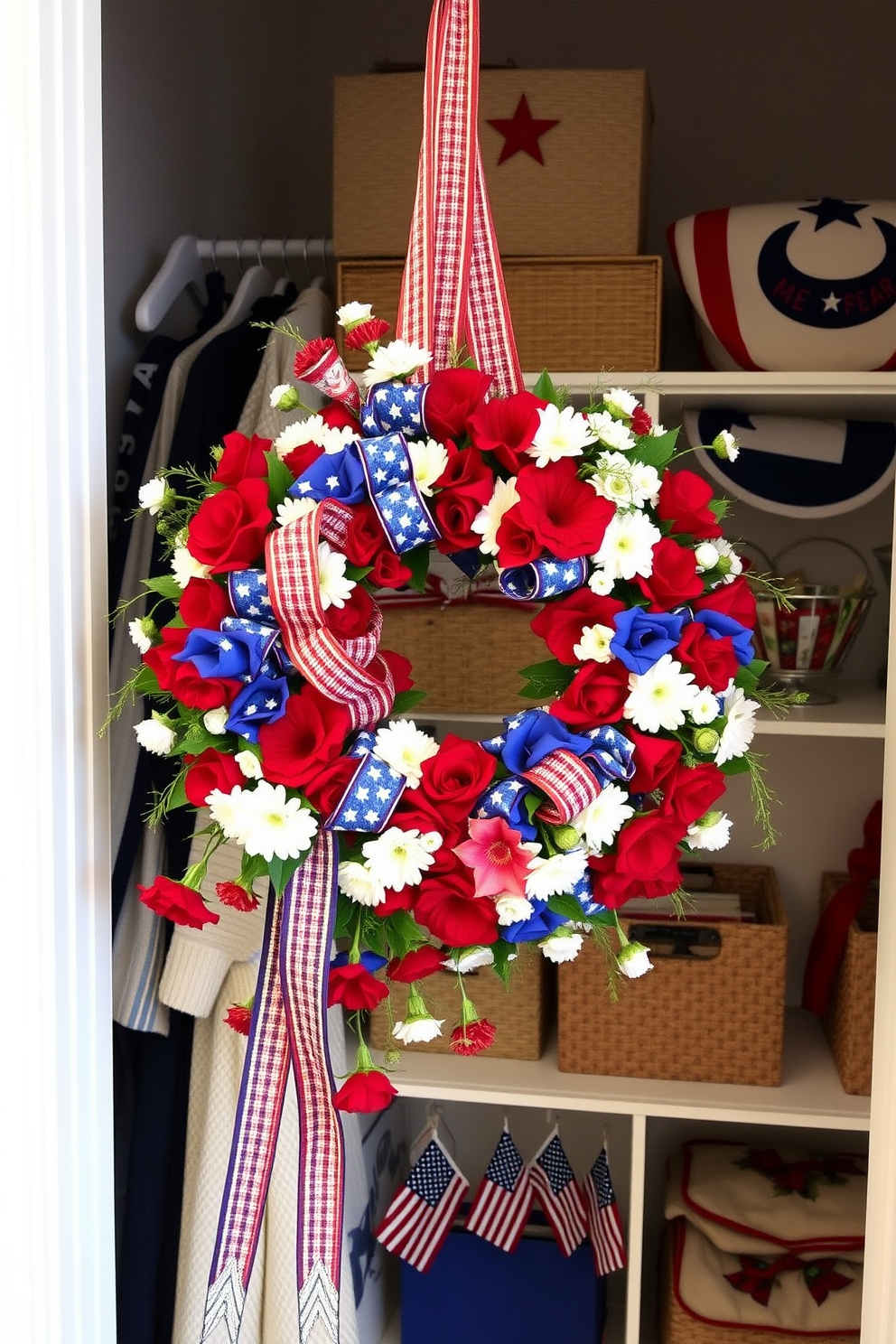 A patriotic wreath adorns the closet door, featuring vibrant red, white, and blue flowers intertwined with ribbons. The closet is styled with themed decor, including star-spangled banners and small American flags placed on the shelves.