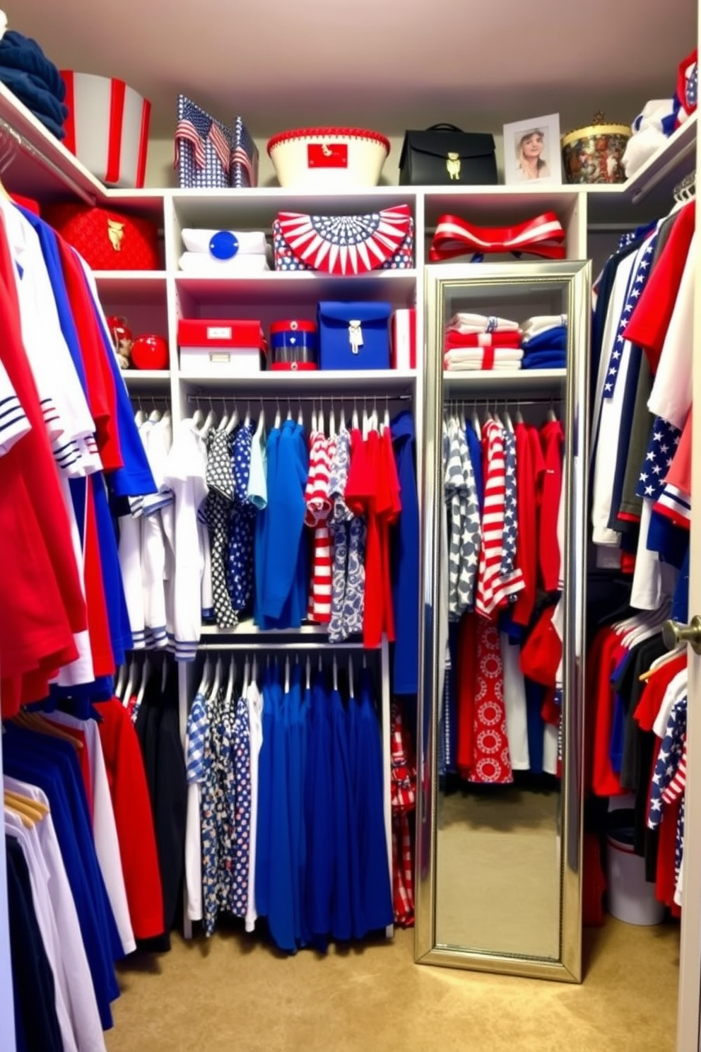 Create a vibrant closet space themed for Independence Day. The shelving is filled with red white and blue clothing items organized by type and color. Add decorative elements like small American flags and themed accessories. A full-length mirror is positioned to reflect the festive colors and create a lively atmosphere.