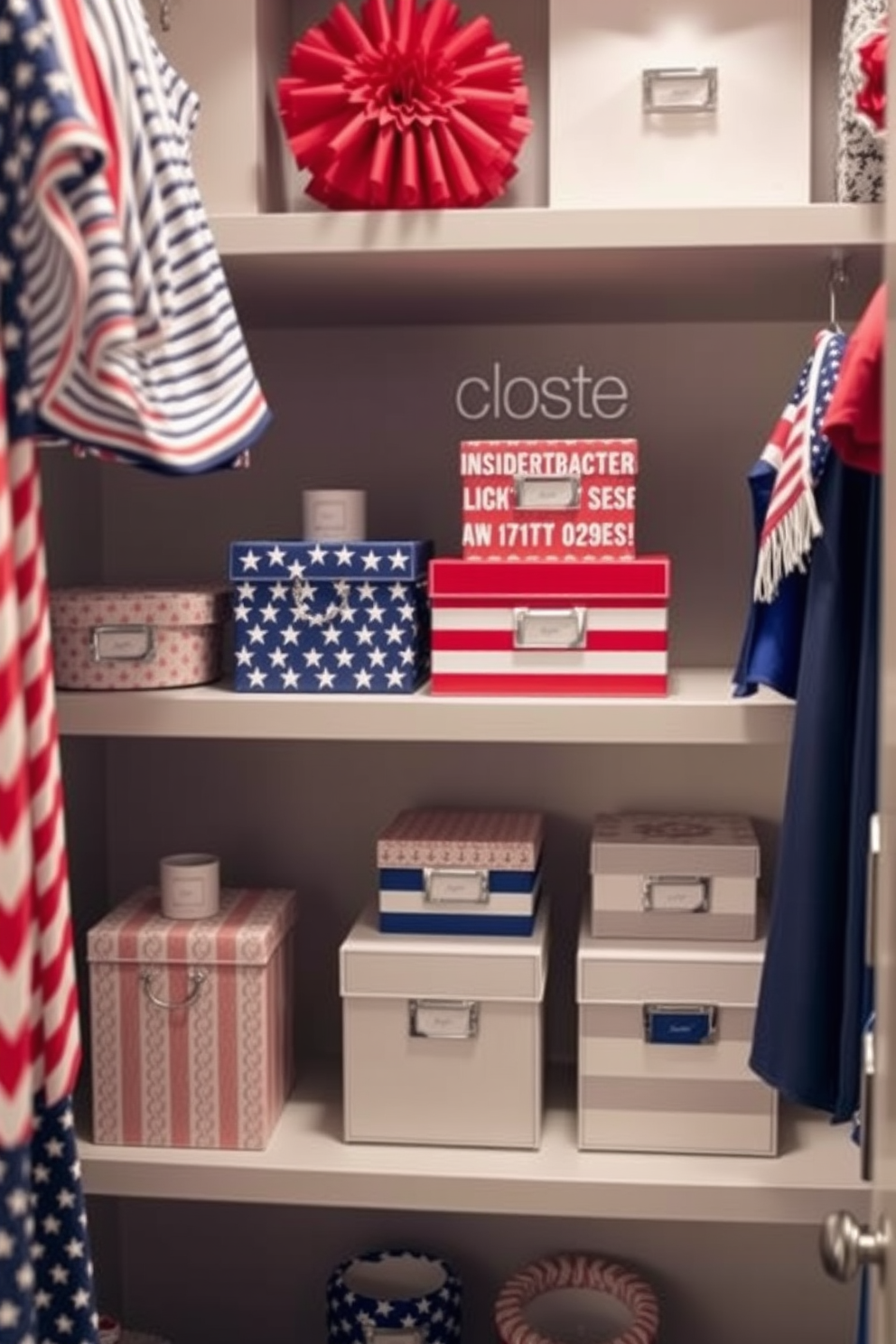 Create a stylish closet space designed to showcase decorative boxes for seasonal accessories. The boxes are arranged neatly on a shelf, featuring vibrant colors and patterns that evoke the spirit of Independence Day. Incorporate red, white, and blue elements throughout the closet to enhance the festive theme. Add subtle lighting to highlight the decorative boxes, creating an inviting atmosphere that celebrates the holiday.