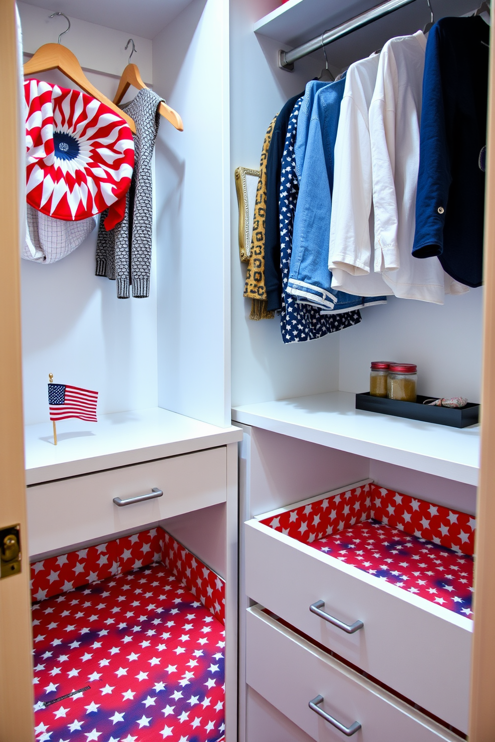 Create an inviting closet space that celebrates Independence Day. The drawer liners feature a bold stars and stripes pattern in red white and blue, adding a festive touch to the interior. Incorporate decorative elements like small American flags and themed accessories. Use soft lighting to enhance the overall patriotic atmosphere while keeping the space organized and functional.