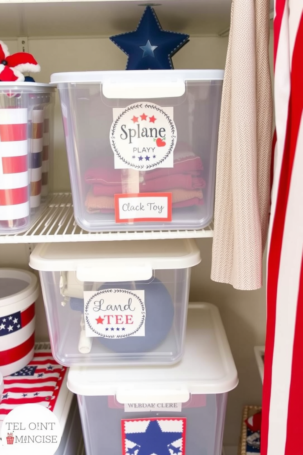 Themed labels for storage containers. Each label features a unique design that reflects its contents, such as playful graphics for toys and elegant fonts for holiday decorations. Independence Day Closet Decorating Ideas. Red white and blue accents are used throughout the closet with stars and stripes incorporated into the organization bins and decorative elements.