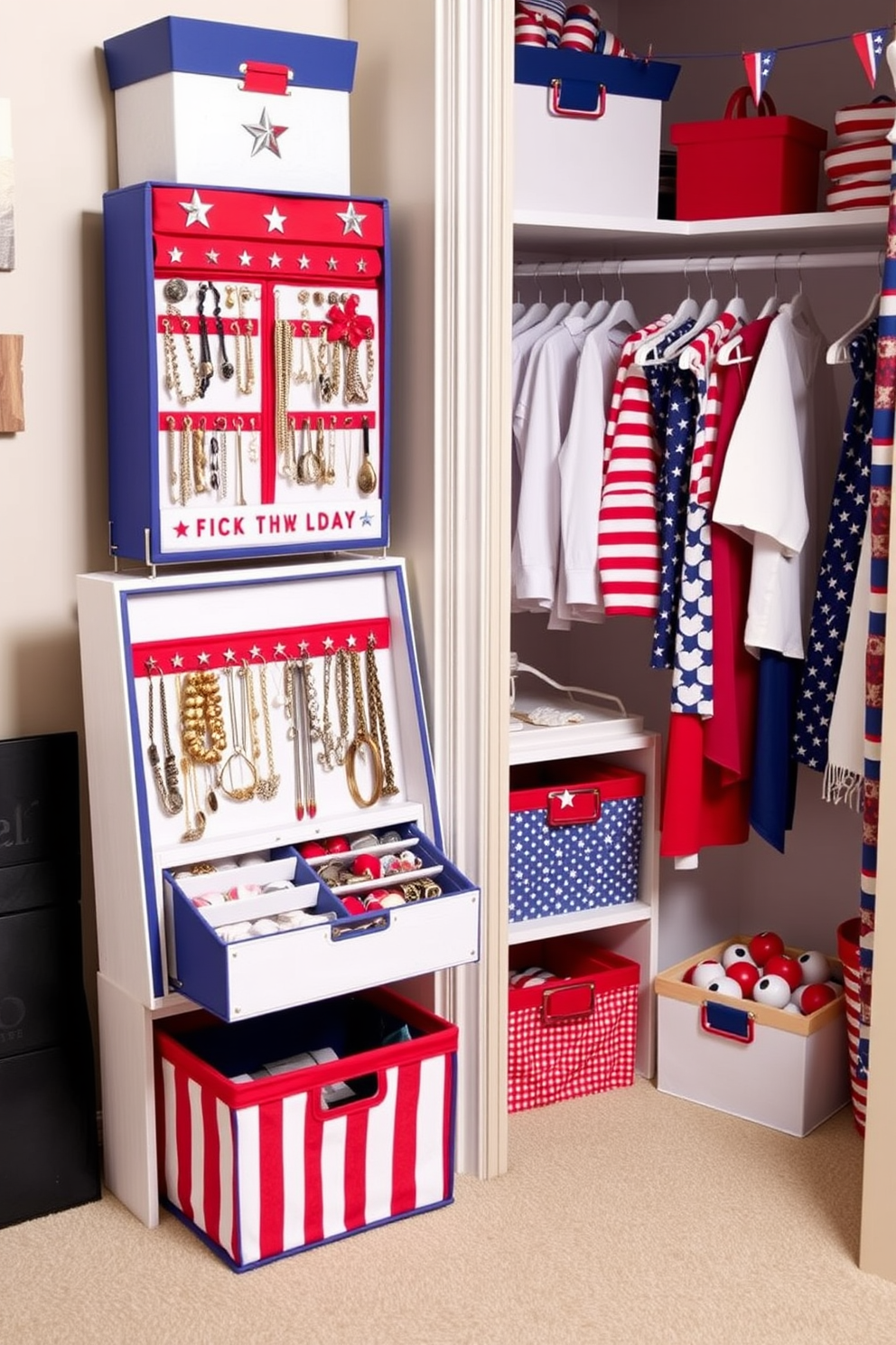 A vibrant jewelry organizer featuring red white and blue colors arranged in a patriotic theme. The organizers are crafted from sturdy materials with compartments for various jewelry types and are embellished with stars and stripes. A festive closet decorated for Independence Day showcasing red white and blue accents. The space includes themed storage bins and hangers, along with decorative elements like small flags and bunting to celebrate the holiday.