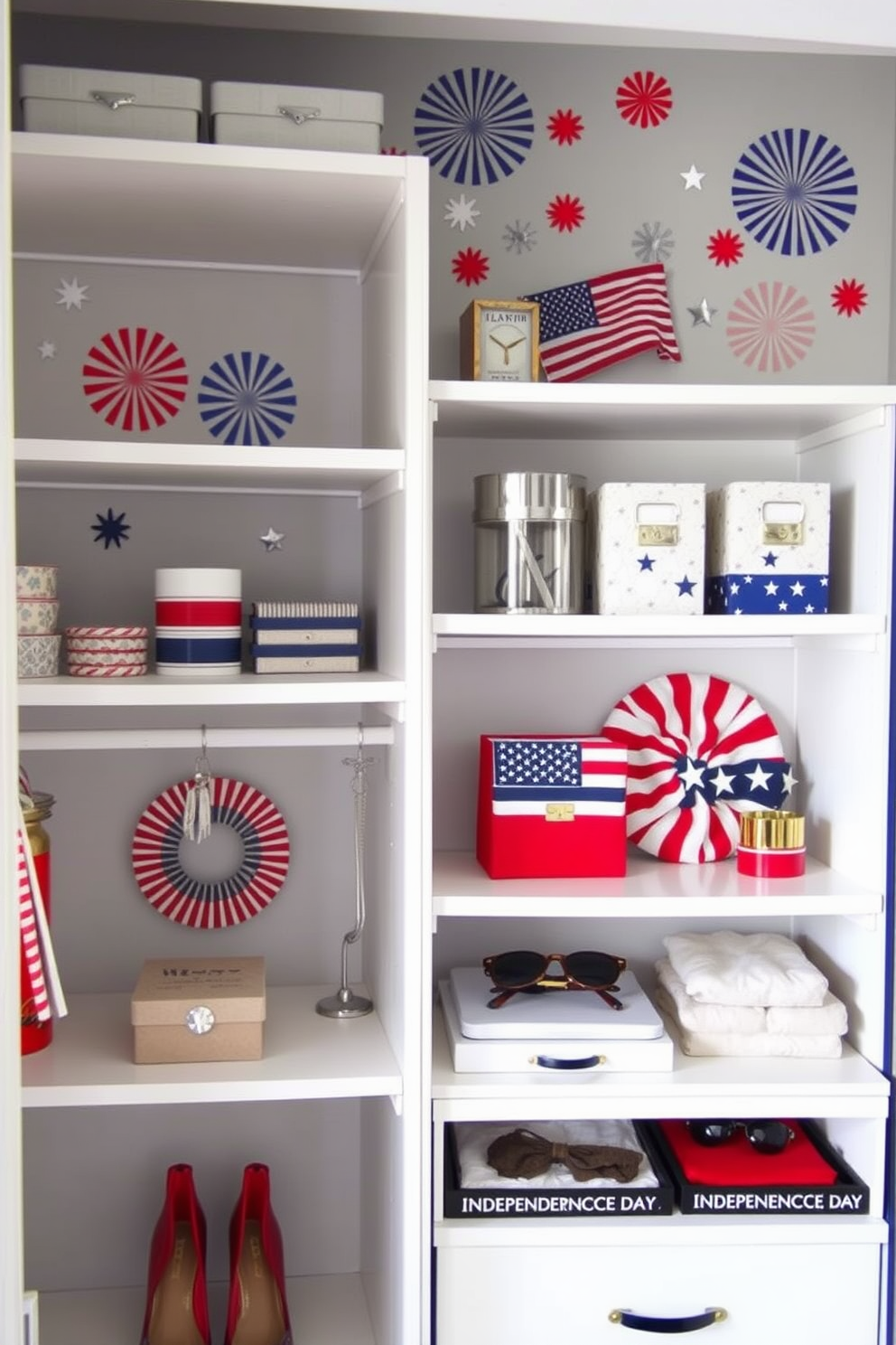 A closet adorned with patriotic wall decals showcasing red white and blue designs. The space is organized with neatly arranged shelves and a stylish display of themed accessories for Independence Day.