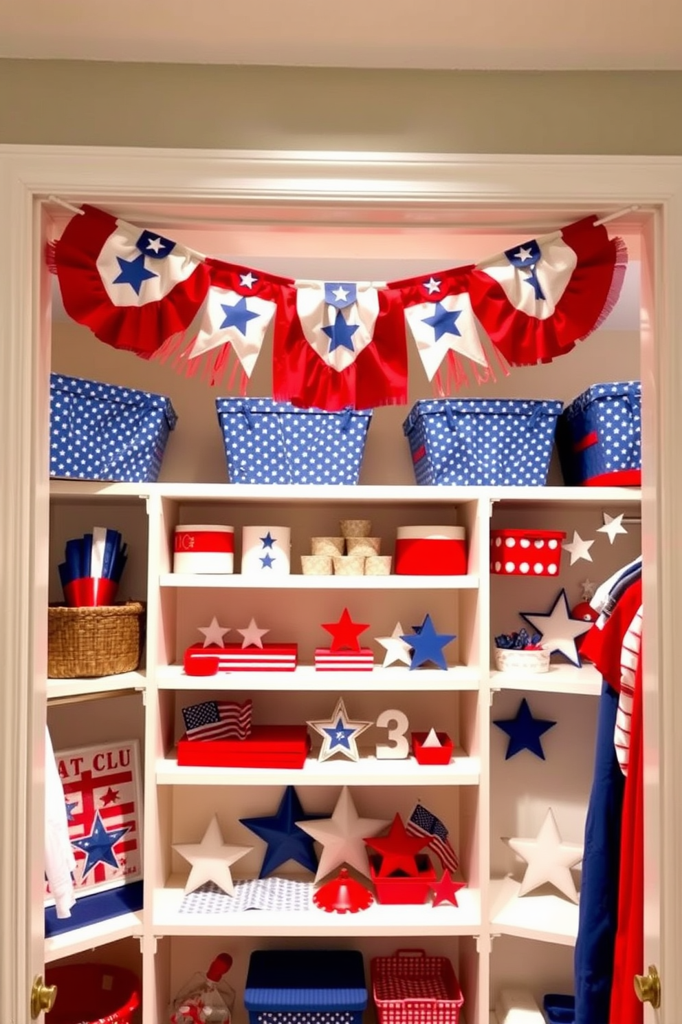 A vibrant DIY banner hangs above the entrance of a spacious closet. The banner features red white and blue colors with stars and stripes creating a festive atmosphere for Independence Day. Inside the closet patriotic decorations are arranged neatly on shelves. Red white and blue accessories complement the festive theme adding a cheerful touch to the space.