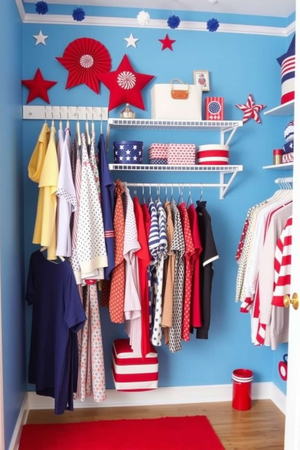 A vibrant seasonal clothing display featuring an array of colorful garments hanging on stylish hooks. The backdrop is a bright blue wall adorned with festive red and white accents to celebrate Independence Day. Creative closet decorating ideas that incorporate stars and stripes motifs throughout the space. Shelves are neatly organized with themed accessories and a bold red rug adds a pop of color to the floor.