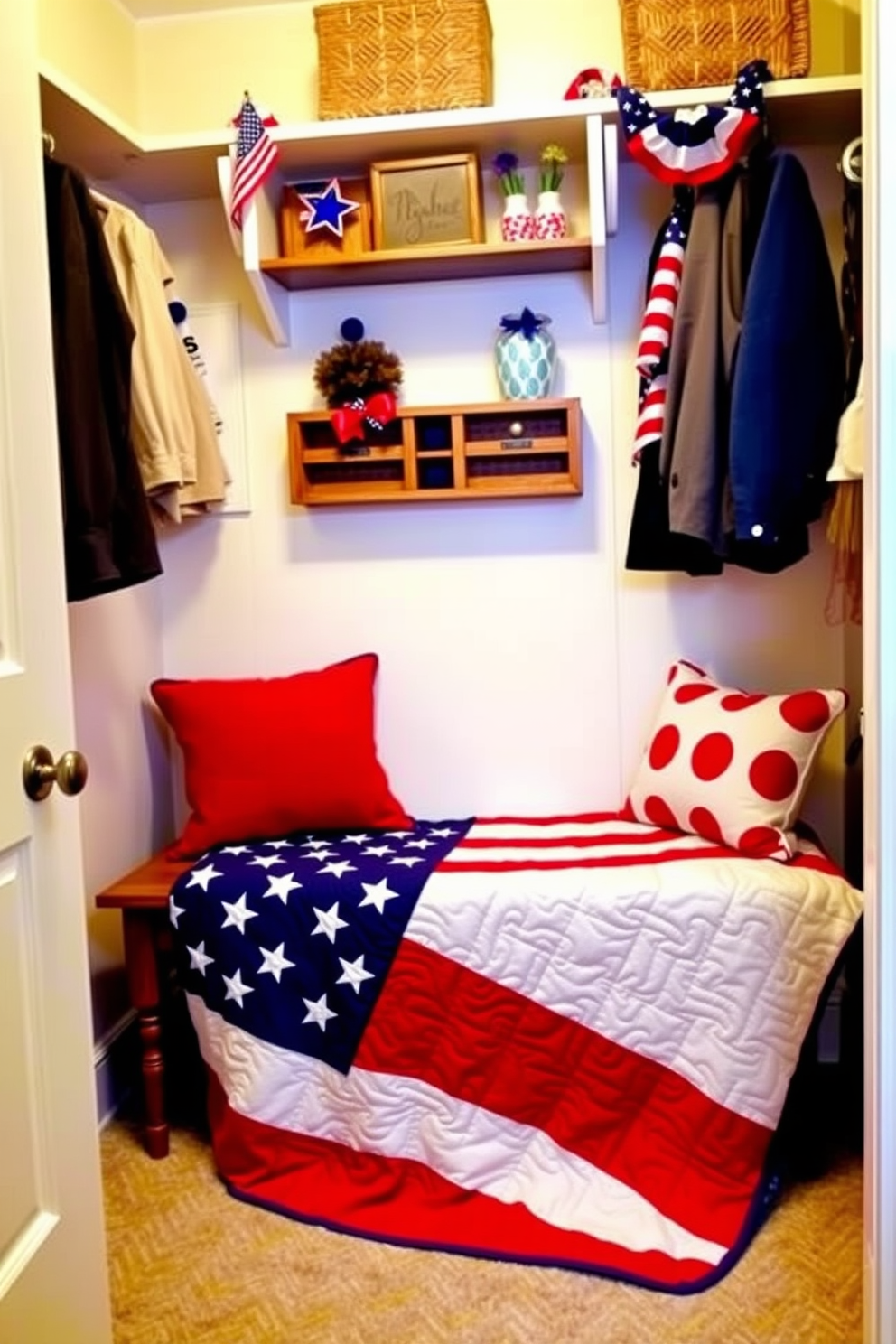 A cozy closet bench is adorned with an American flag quilt, providing a patriotic touch to the space. The quilt features vibrant red, white, and blue colors, perfectly complementing the wooden bench beneath it. The closet is decorated with themed accessories for Independence Day, including small flags and star-shaped decor. Soft lighting enhances the festive atmosphere, creating a welcoming and cheerful environment.