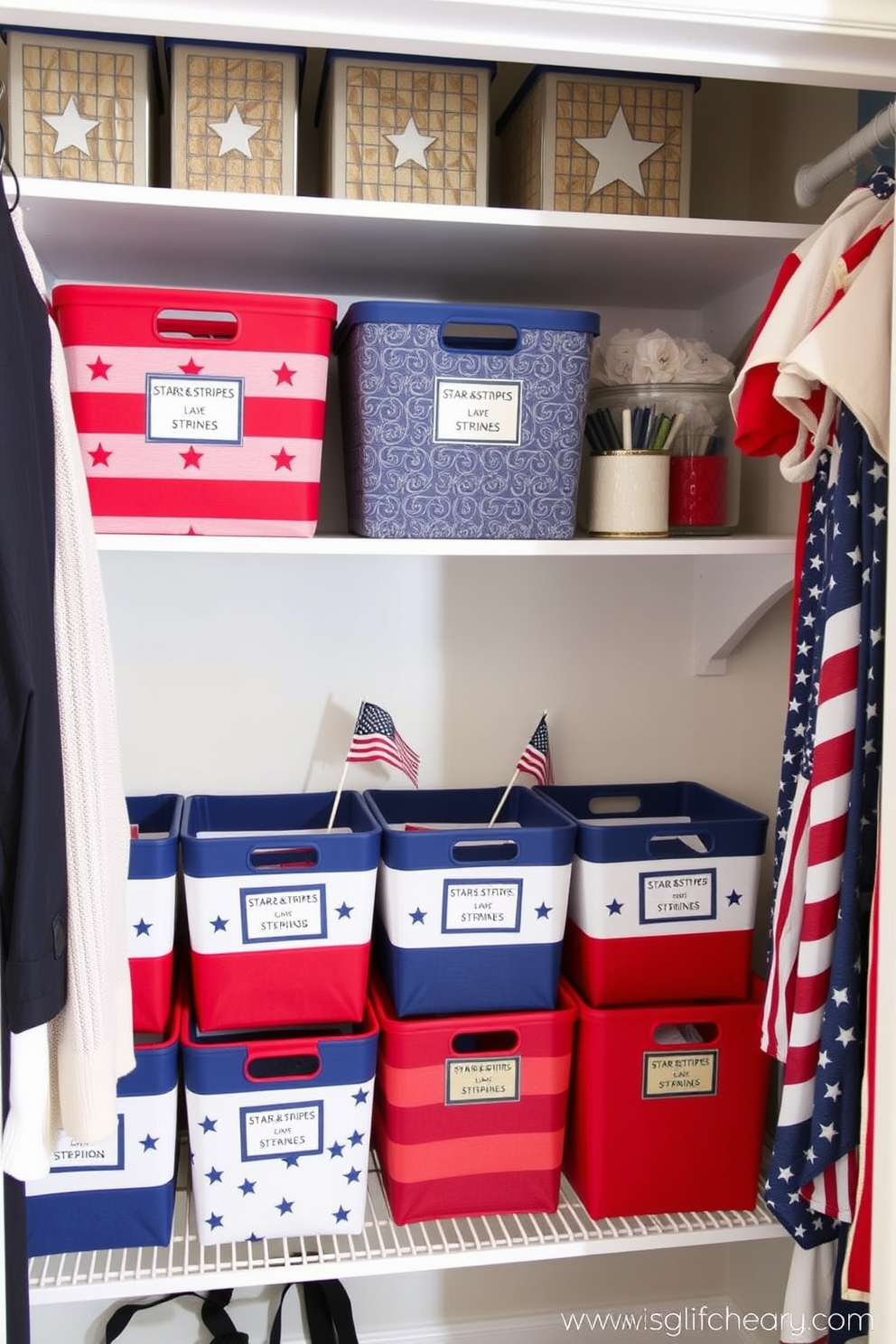 Create a festive closet space featuring stars and stripes storage bins that celebrate Independence Day. The bins are neatly arranged on shelves, showcasing a vibrant red, white, and blue color scheme. Incorporate decorative elements such as small American flags and patriotic-themed accessories to enhance the holiday spirit. The closet should have a clean and organized look, making it both functional and visually appealing for the celebration.