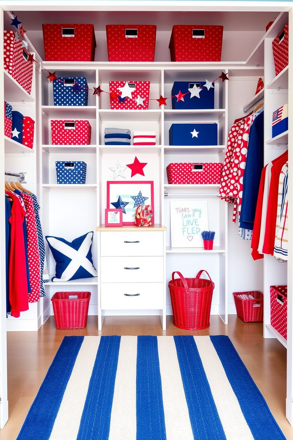 A patriotic color scheme for closet decor features bold red, white, and blue accents throughout the space. The walls are painted in a crisp white, while shelves and storage bins are adorned with vibrant red and blue patterns, creating a festive atmosphere. Independence Day closet decorating ideas include hanging star-shaped garlands and incorporating themed artwork. A stylish area rug in red and white stripes adds a touch of charm, making the closet a celebration of national pride.