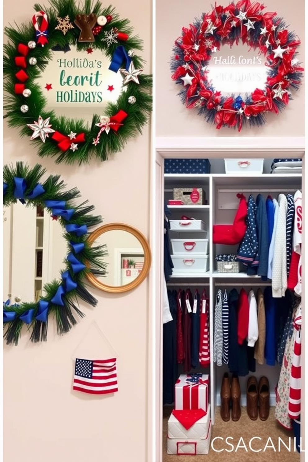 A collection of festive mirrors adorned with vibrant decorations reflecting the joyful spirit of the holiday season. Each mirror features unique designs, incorporating elements like stars, stripes, and seasonal motifs that enhance the festive atmosphere. A stylish closet space designed for Independence Day celebrations. The closet showcases red, white, and blue accents, with organized shelves displaying patriotic attire and accessories, creating an inviting and festive environment.