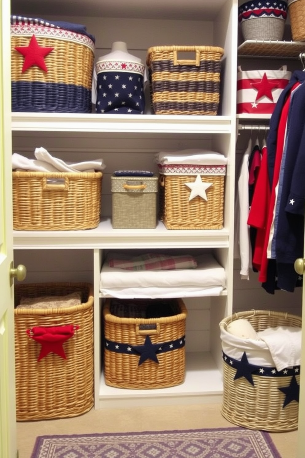 Themed baskets for laundry storage. Picture a cozy laundry room with woven baskets in various sizes, each adorned with patriotic colors and patterns. Independence Day Closet Decorating Ideas. Envision a stylish closet featuring red, white, and blue accents, with decorative stars and stripes elements incorporated into the shelving and organization.