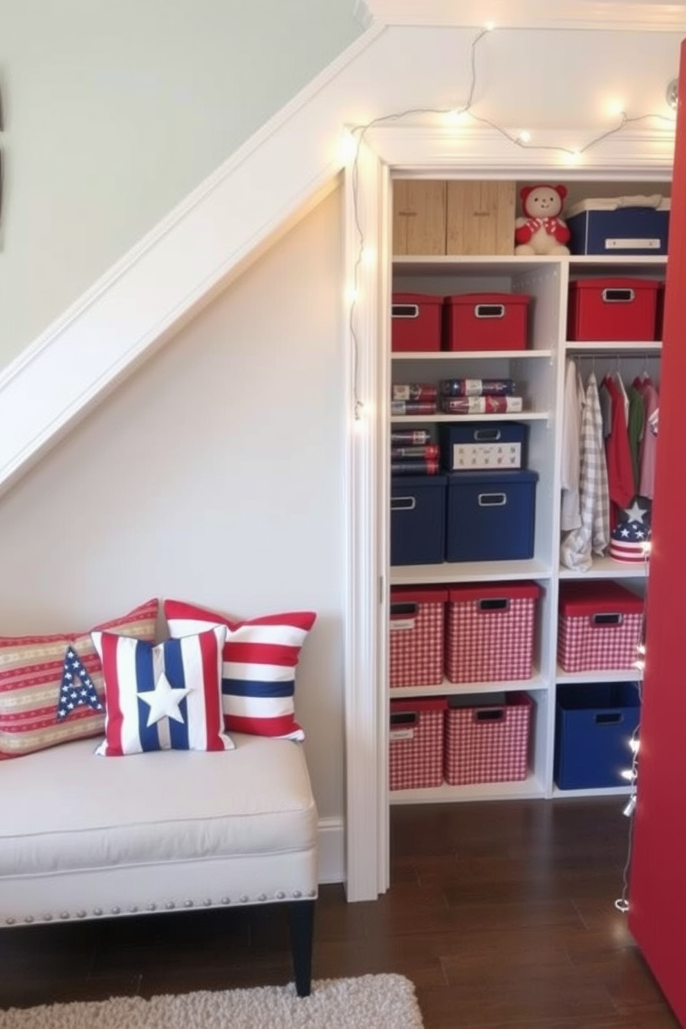 A cozy seating area adorned with small patriotic pillows in red, white, and blue hues. The pillows feature stars and stripes patterns, adding a festive touch to the space. A stylish closet decorated for Independence Day with themed accessories. Red and blue storage boxes are neatly arranged, and a string of lights in the shape of stars adds a cheerful ambiance.