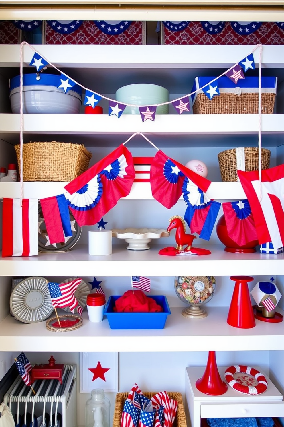 Decorative flags hang gracefully from shelves, adding a festive touch to the space. The vibrant colors of the flags create a cheerful atmosphere that celebrates Independence Day. The closet is adorned with themed decorations, featuring red, white, and blue accents. Thoughtfully arranged items reflect the spirit of the holiday while maintaining an organized and stylish look.