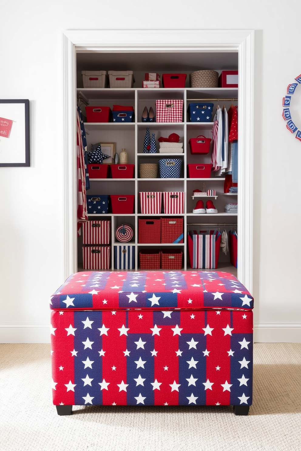 A stylish storage ottoman upholstered in a vibrant patriotic fabric featuring red white and blue stars and stripes. The ottoman is placed at the foot of a neatly organized closet filled with themed decor and accessories celebrating Independence Day. Inside the closet shelves are lined with red white and blue storage bins and festive decorations. The walls are adorned with subtle star patterns and a cheerful banner that adds a celebratory touch to the space.