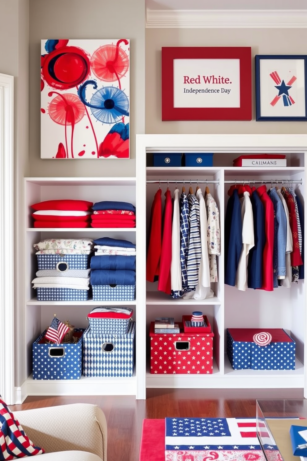 A vibrant living space showcasing red white and blue themed artwork. The walls are adorned with a large canvas featuring abstract designs in patriotic colors, complemented by smaller framed pieces that celebrate Independence Day. A stylish closet space decorated with red white and blue accents. Shelves are lined with neatly folded clothes in these colors, while decorative storage boxes and a small flag-themed rug add a festive touch.