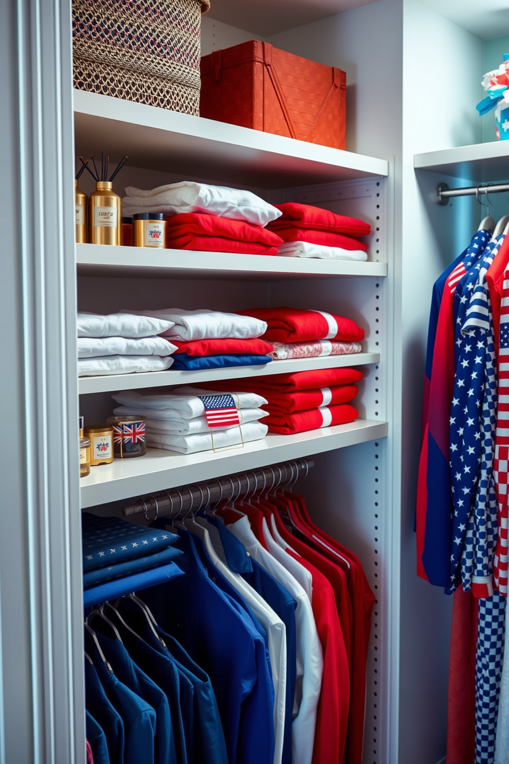 A stylish closet adorned with seasonal scent diffusers that create a refreshing ambiance. The shelves are organized with neatly folded clothes in vibrant colors, celebrating Independence Day with red white and blue accents. Decorative elements include small flags and themed accessories that evoke a festive spirit. Soft lighting enhances the overall aesthetic making the space inviting and cheerful.