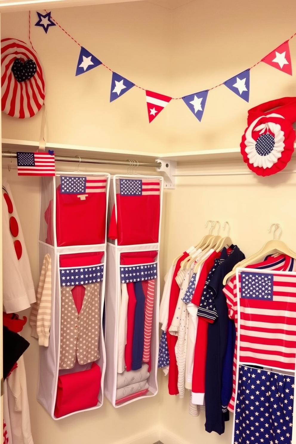 A vibrant closet space featuring hanging organizers adorned with flag motifs. The organizers are filled with neatly arranged clothing items in red, white, and blue, celebrating Independence Day. Above the organizers, a cheerful banner with stars and stripes adds a festive touch. The walls are painted in a soft white, allowing the colorful decor to stand out beautifully.