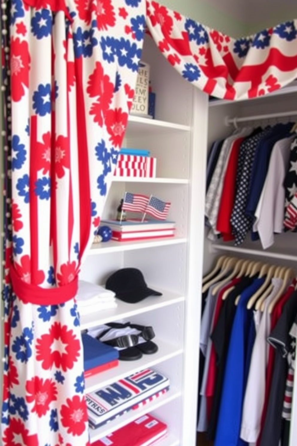 A vibrant closet space adorned with patriotic fabric for the curtains. The fabric features bold red, white, and blue patterns that evoke a sense of independence and celebration. The closet shelves are neatly organized with a mix of casual and formal wear, showcasing a variety of styles. Decorative elements like small flags and themed accessories enhance the festive atmosphere of the space.