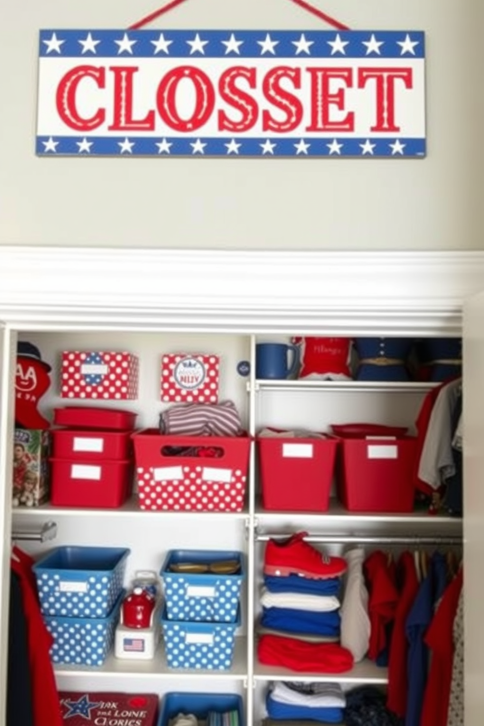 A patriotic themed closet sign hangs above the door, featuring bold red, white, and blue colors. The sign is adorned with stars and stripes, setting a festive tone for the closet space. Inside the closet, Independence Day decorations include themed storage bins and vibrant accessories. The shelves are organized with red and blue clothing items, creating a cohesive and celebratory look.