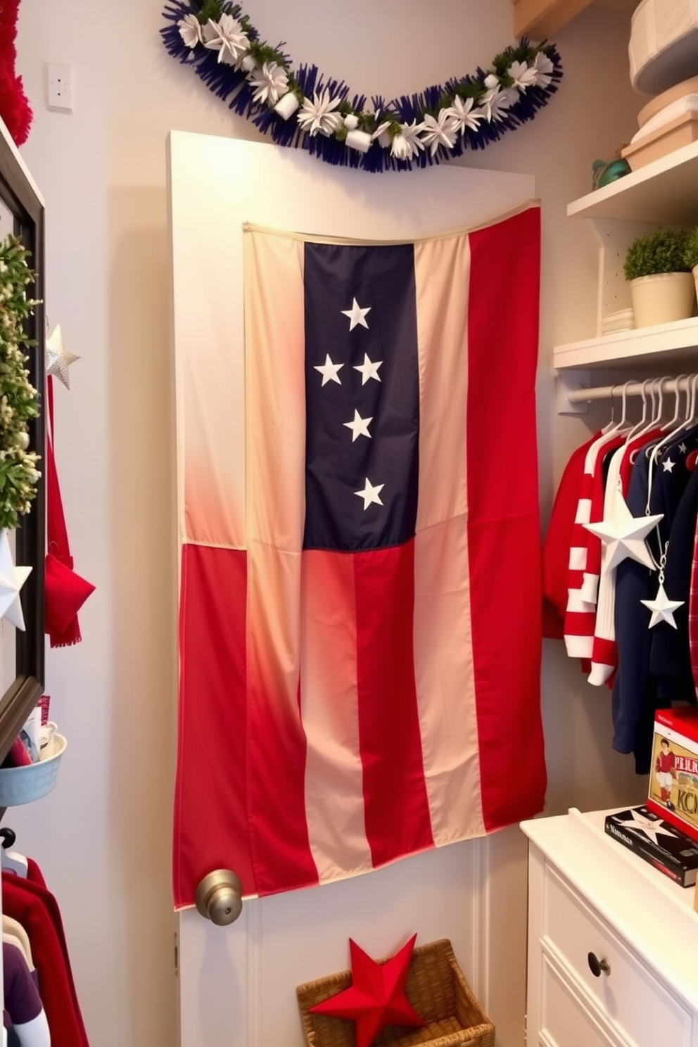 A vintage flag is displayed prominently on the closet door, evoking a sense of patriotism and nostalgia. The surrounding decor features red, white, and blue accents to celebrate Independence Day in a stylish way. The closet is adorned with themed decorations, including star-shaped ornaments and bunting. Soft lighting highlights the flag, creating a warm and inviting atmosphere for the holiday.