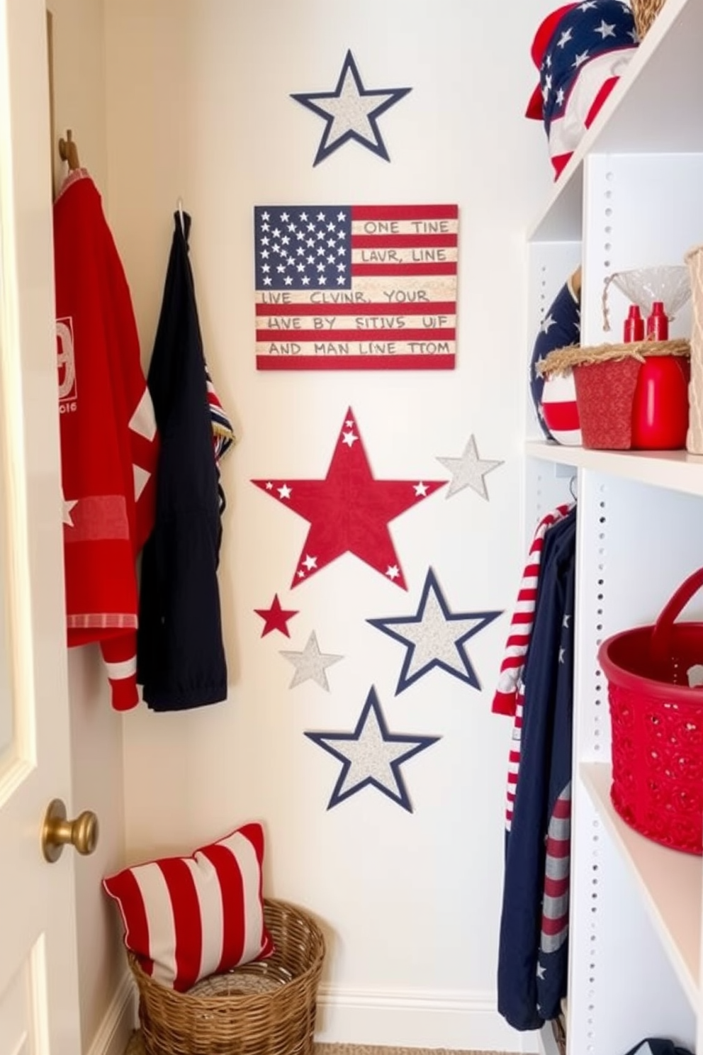 A cozy closet featuring DIY Americana wall art that captures the spirit of Independence Day. The walls are adorned with red, white, and blue accents, showcasing handcrafted pieces that celebrate patriotism and creativity.