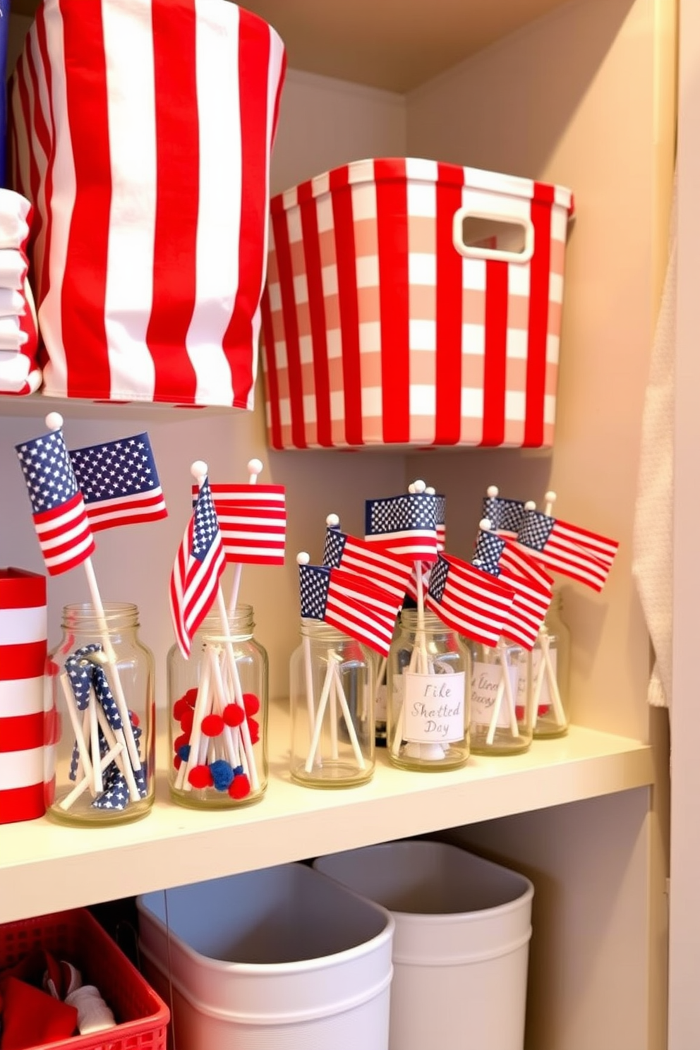 A collection of colorful miniature flags displayed in clear decorative jars sits on a shelf. The jars are arranged in a visually appealing manner, adding a festive touch to the space. The closet features a vibrant color scheme with red, white, and blue accents. Stylish storage solutions and themed decor create a cheerful atmosphere for Independence Day celebrations.