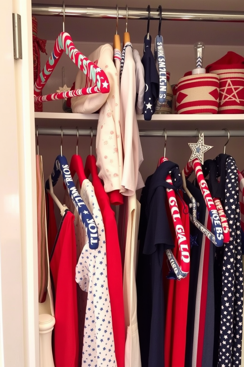 Themed hangers for clothing items. Each hanger is uniquely designed with vibrant colors and patterns that reflect various themes such as floral, geometric, and nautical motifs. Independence Day closet decorating ideas. The closet is adorned with red, white, and blue accents, featuring stars and stripes decorations, along with themed hangers that celebrate the holiday spirit.