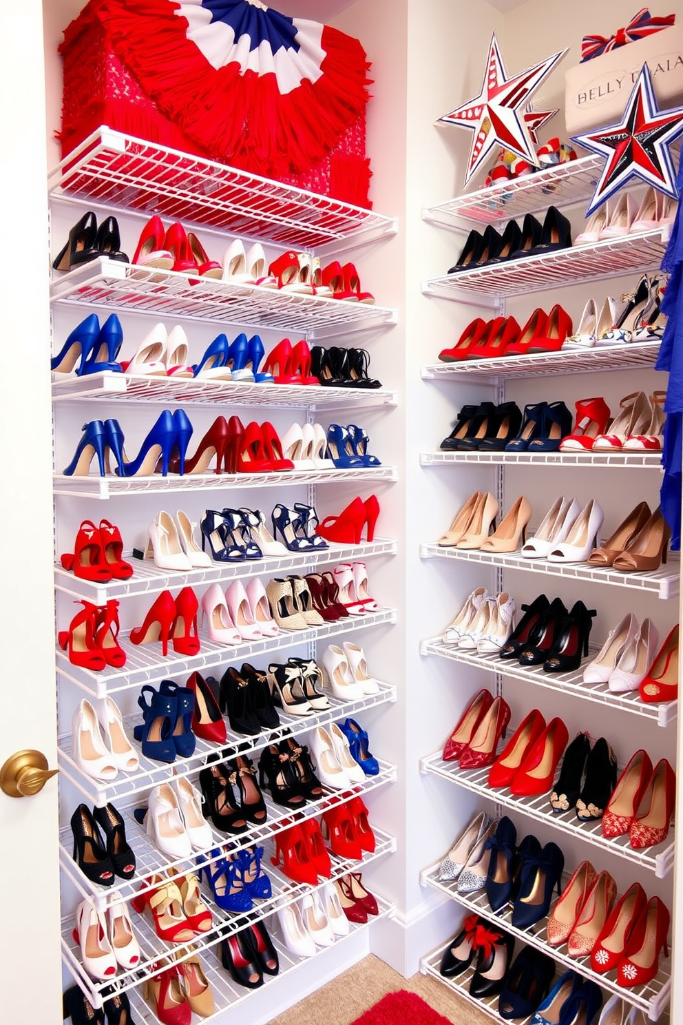 A vibrant closet space featuring red white and blue shoe racks arranged neatly along one wall. The racks are filled with a variety of stylish shoes, creating a festive and patriotic atmosphere for Independence Day. The walls are painted in a soft white color, enhancing the bold colors of the shoe racks. Decorative elements such as stars and stripes accents are incorporated to celebrate the holiday spirit.