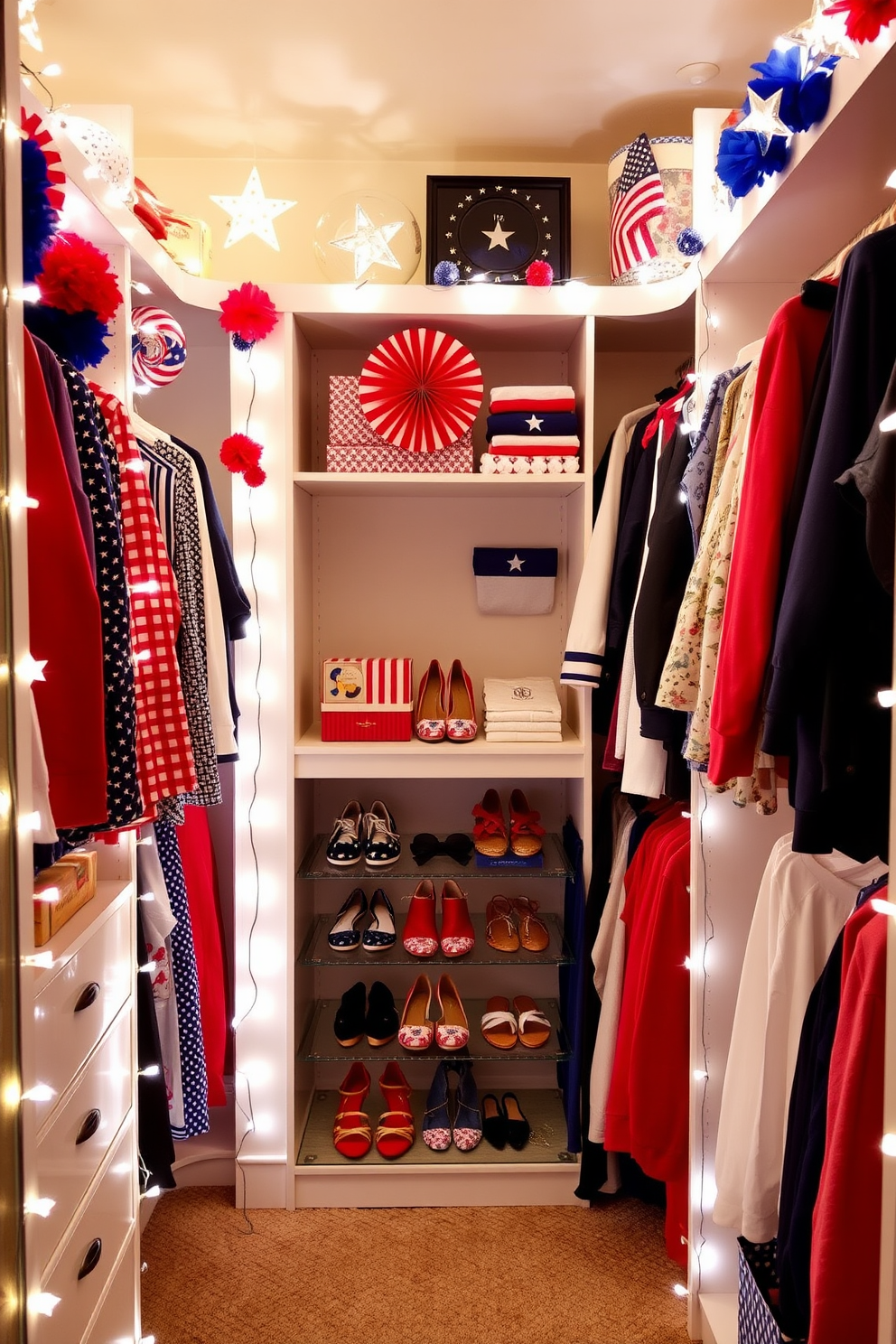 A festive closet setting illuminated by twinkling star-shaped lights creates a cheerful atmosphere. The walls are adorned with red white and blue decorations celebrating Independence Day while the shelves are neatly organized with seasonal clothing. In the center of the closet a stylish display of patriotic accessories and themed shoes adds a playful touch. Soft lighting enhances the vibrant colors making it a perfect space for showcasing holiday outfits.