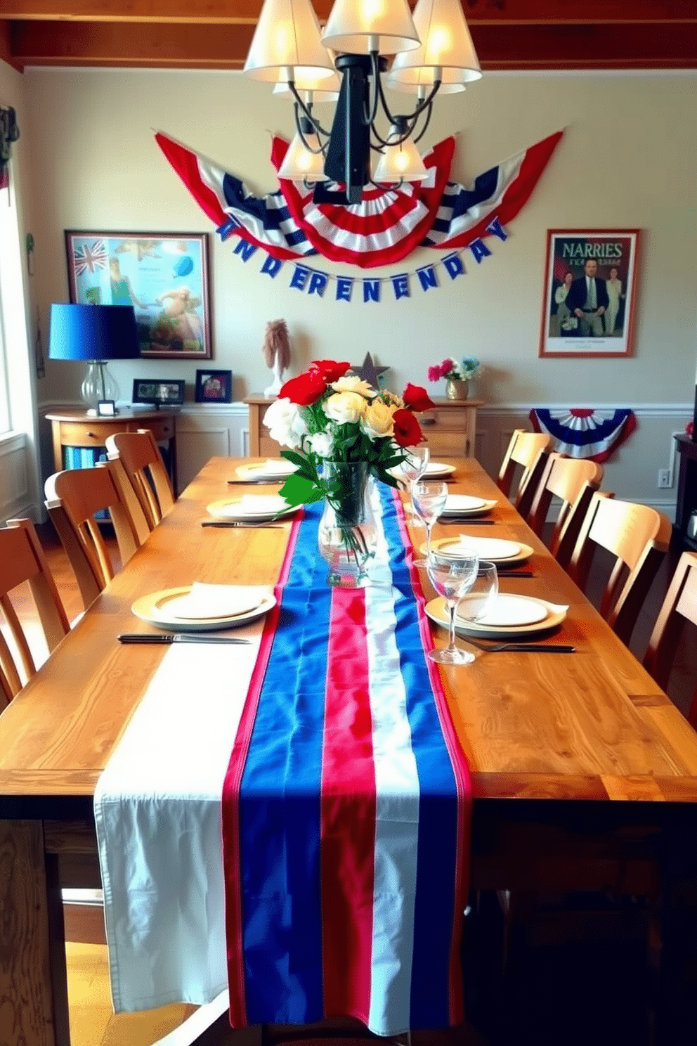 A festive dining room setting features a vibrant red white and blue table runner elegantly draped across a long wooden table. The table is adorned with matching plates and glassware, complemented by fresh flowers in a decorative vase. The walls are decorated with patriotic-themed art and banners, creating a cheerful atmosphere for Independence Day celebrations. Soft lighting from hanging fixtures adds warmth to the space, enhancing the festive mood.