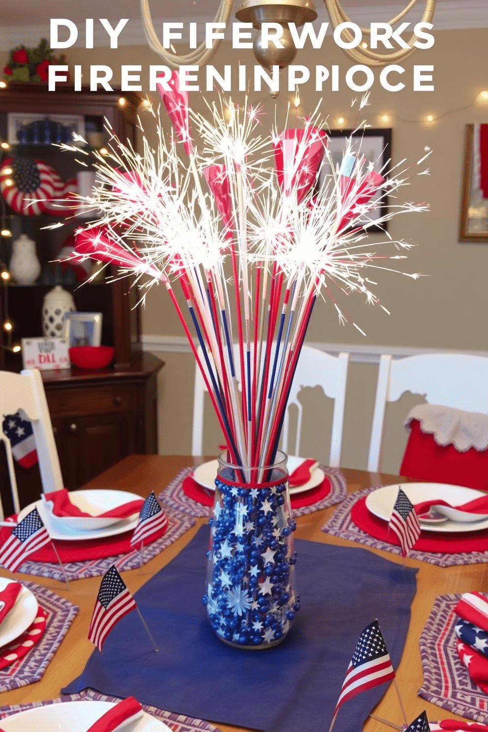 A vibrant DIY firework centerpiece featuring a cluster of colorful sparklers arranged in a decorative vase. The centerpiece is surrounded by red, white, and blue accents, creating a festive atmosphere for Independence Day celebrations. The dining room is adorned with patriotic table linens and themed dinnerware. String lights and small American flags add a cheerful touch, enhancing the festive dining experience.