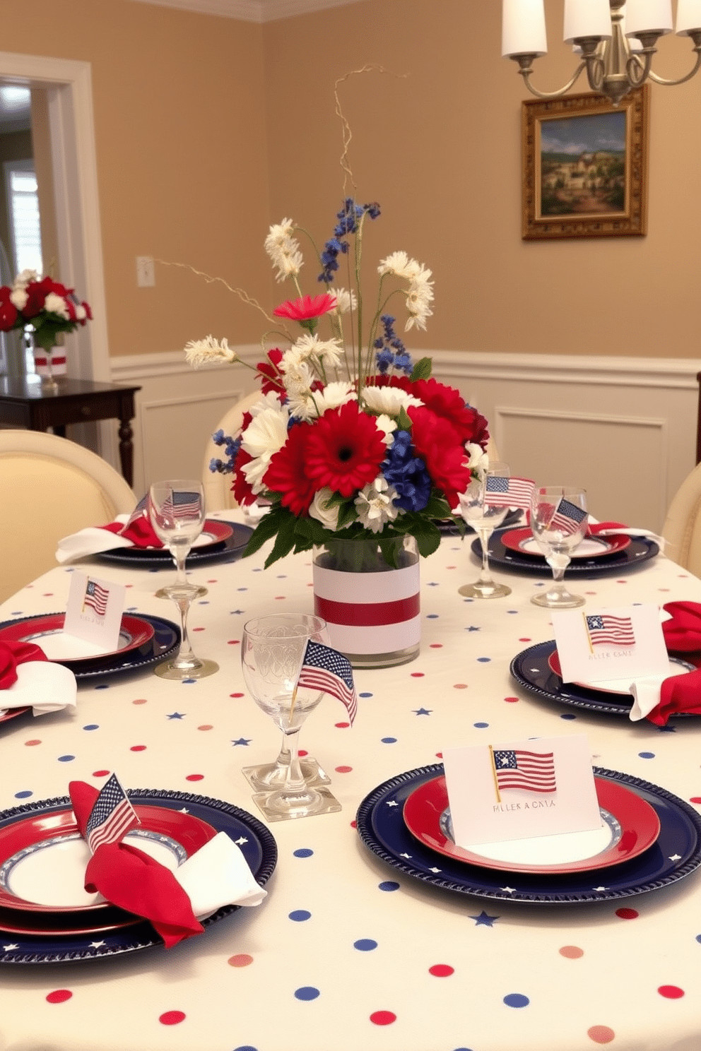 Independence Day themed place cards featuring a red white and blue color scheme. Each card is adorned with stars and stripes and includes a small flag motif to enhance the festive atmosphere. Independence Day dining room decorated with a patriotic tablecloth in vibrant colors. The table is set with matching plates and napkins while centerpieces of red white and blue flowers create a celebratory ambiance.